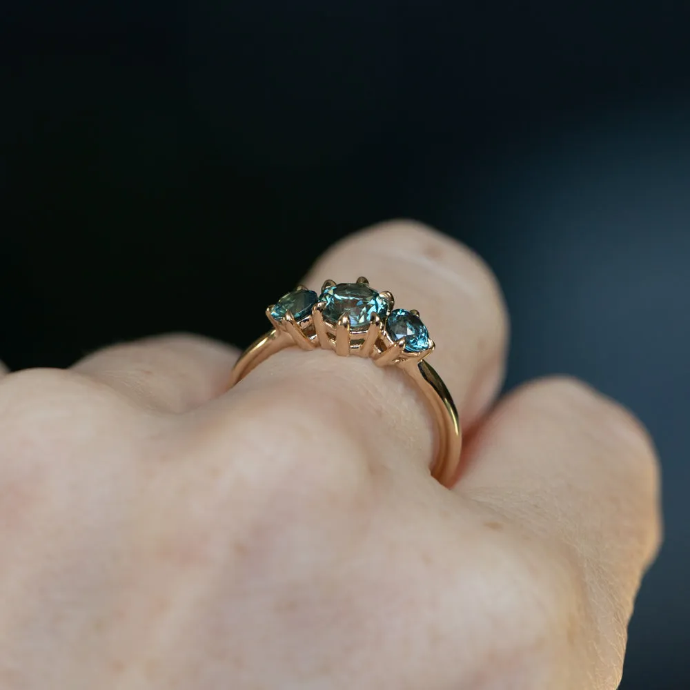 0.82ct Songea and Nigerian Teal Sapphire Three Stone Ring in 14K Yellow Gold