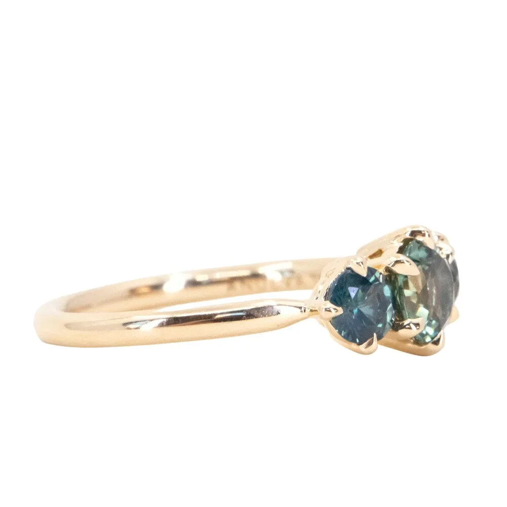 0.82ct Songea and Nigerian Teal Sapphire Three Stone Ring in 14K Yellow Gold