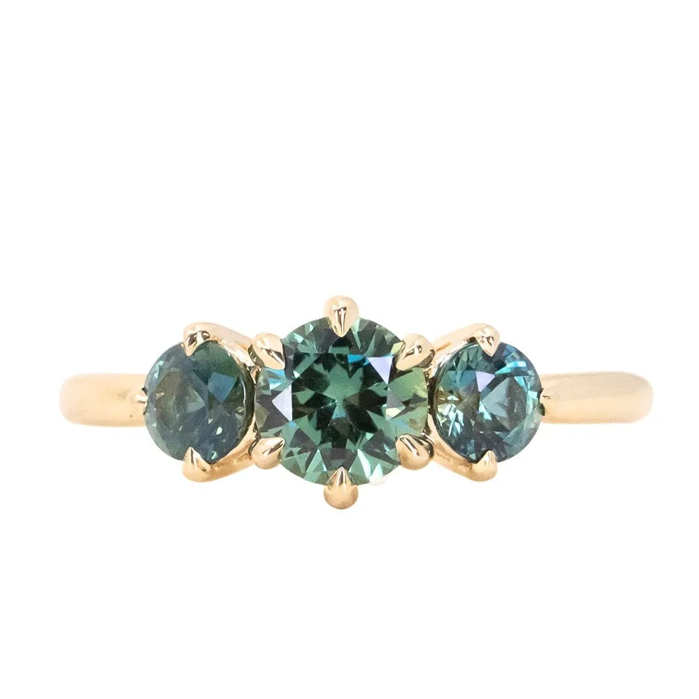 0.82ct Songea and Nigerian Teal Sapphire Three Stone Ring in 14K Yellow Gold