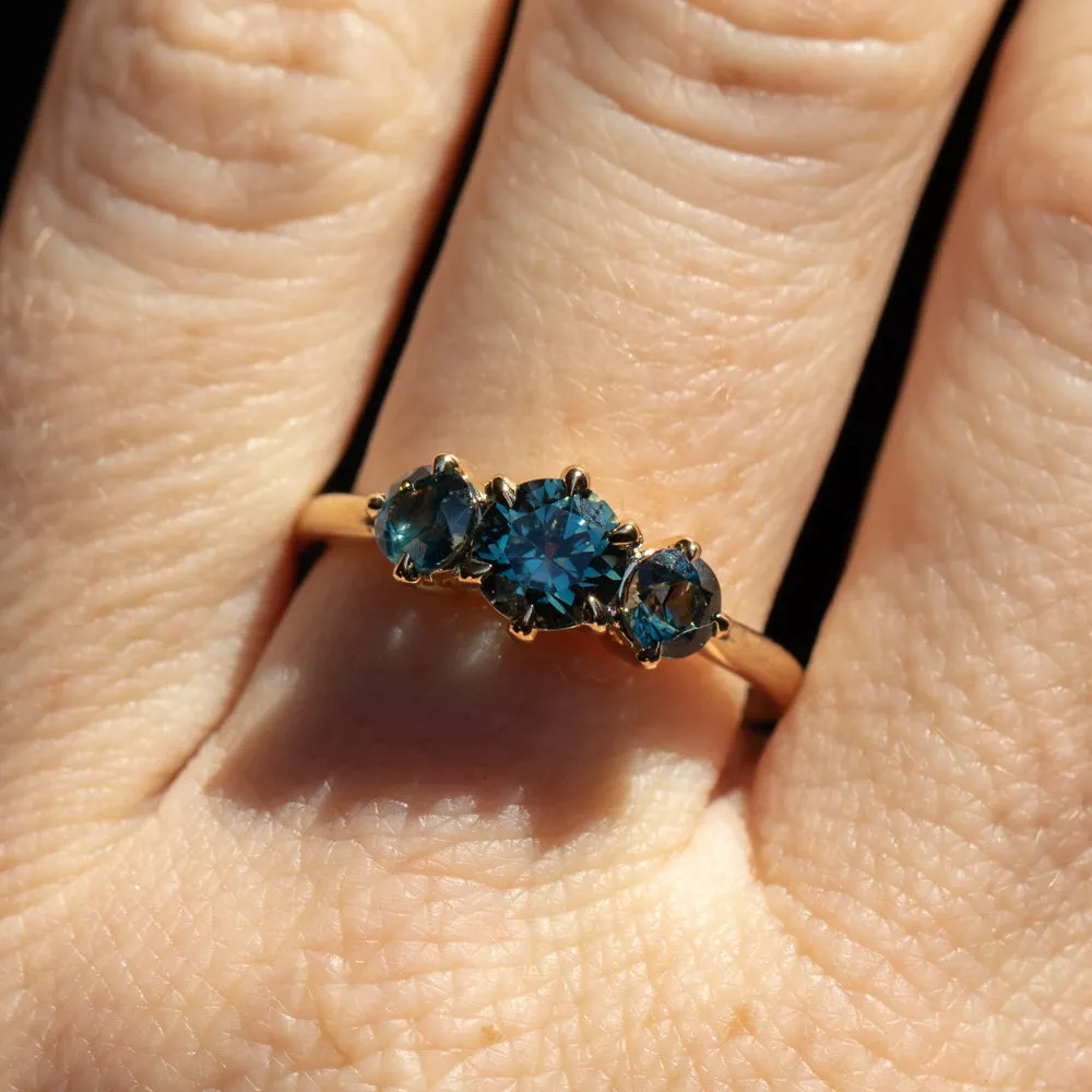 0.82ct Songea and Nigerian Teal Sapphire Three Stone Ring in 14K Yellow Gold