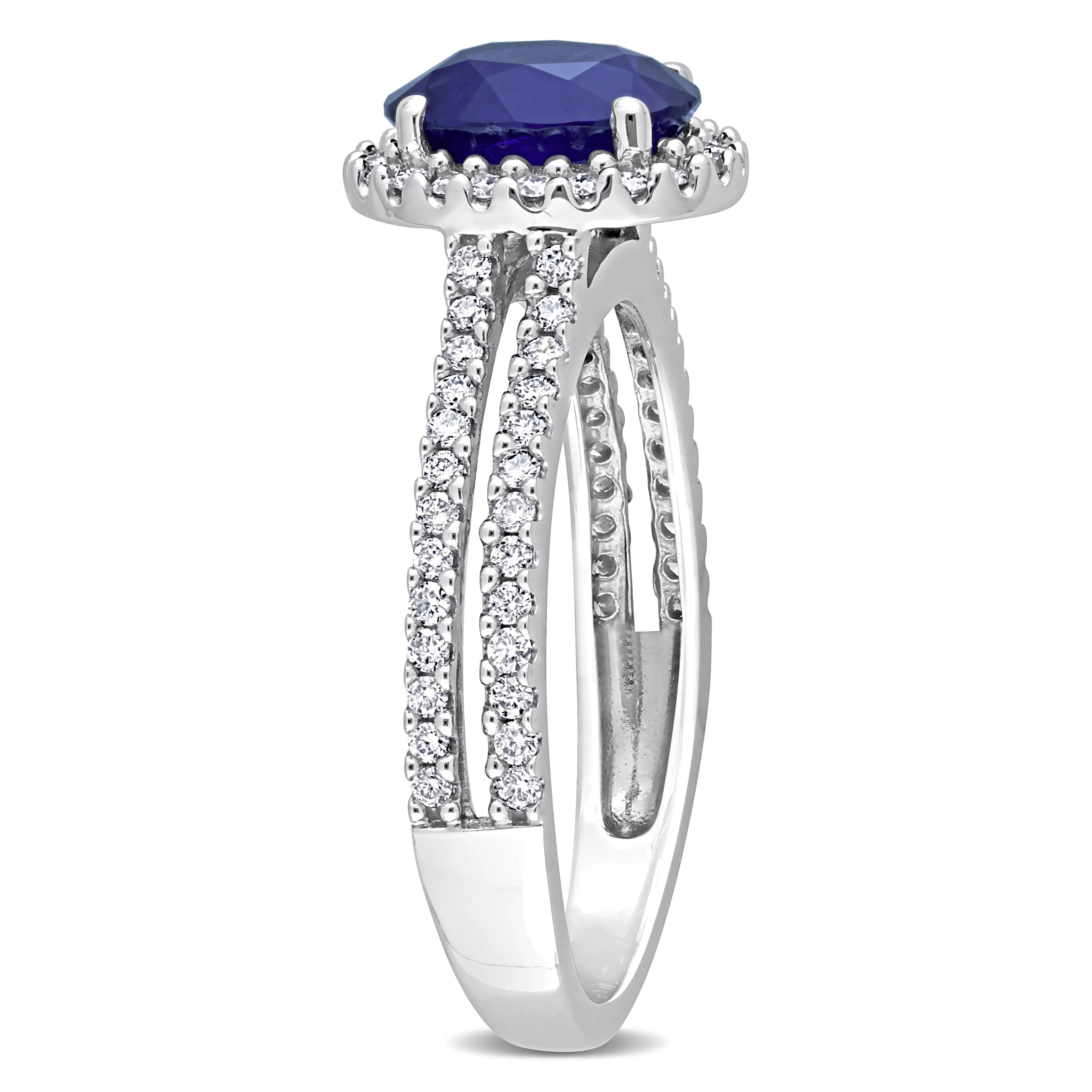 1 4/5 CT TGW Oval Blue Sapphire and 3/8 CT TW Diamond Halo Engagement Ring in 14K White Gold