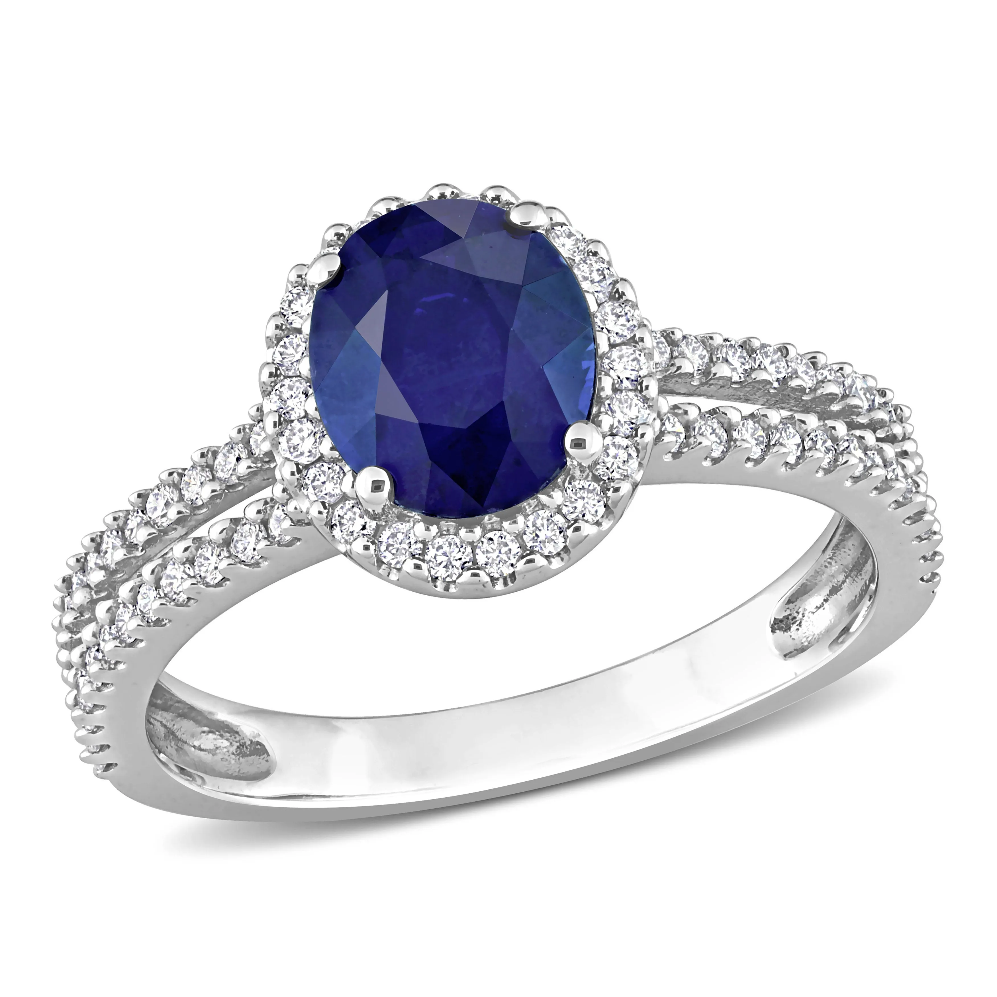 1 4/5 CT TGW Oval Blue Sapphire and 3/8 CT TW Diamond Halo Engagement Ring in 14K White Gold