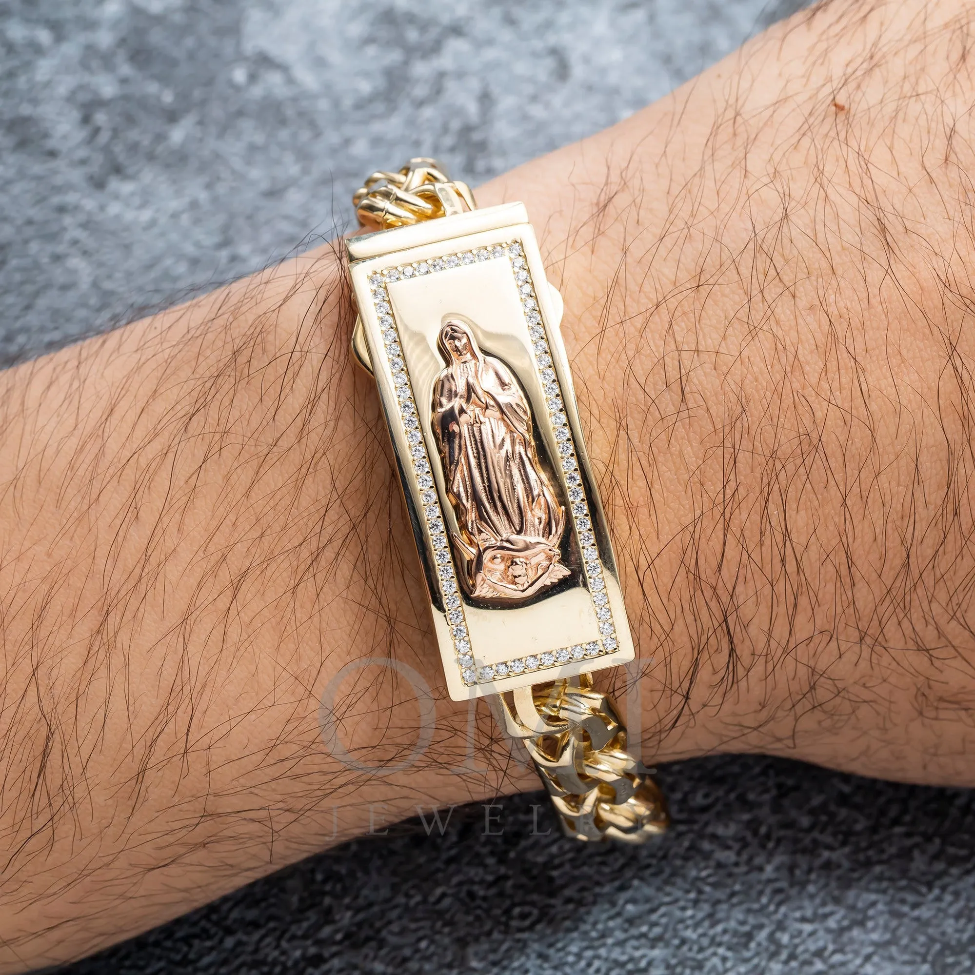 10K GOLD TWO TONE CHINO LINK CHAIN MOTHER MARY ID BRACELET 31.0G WITH DIAMONDS