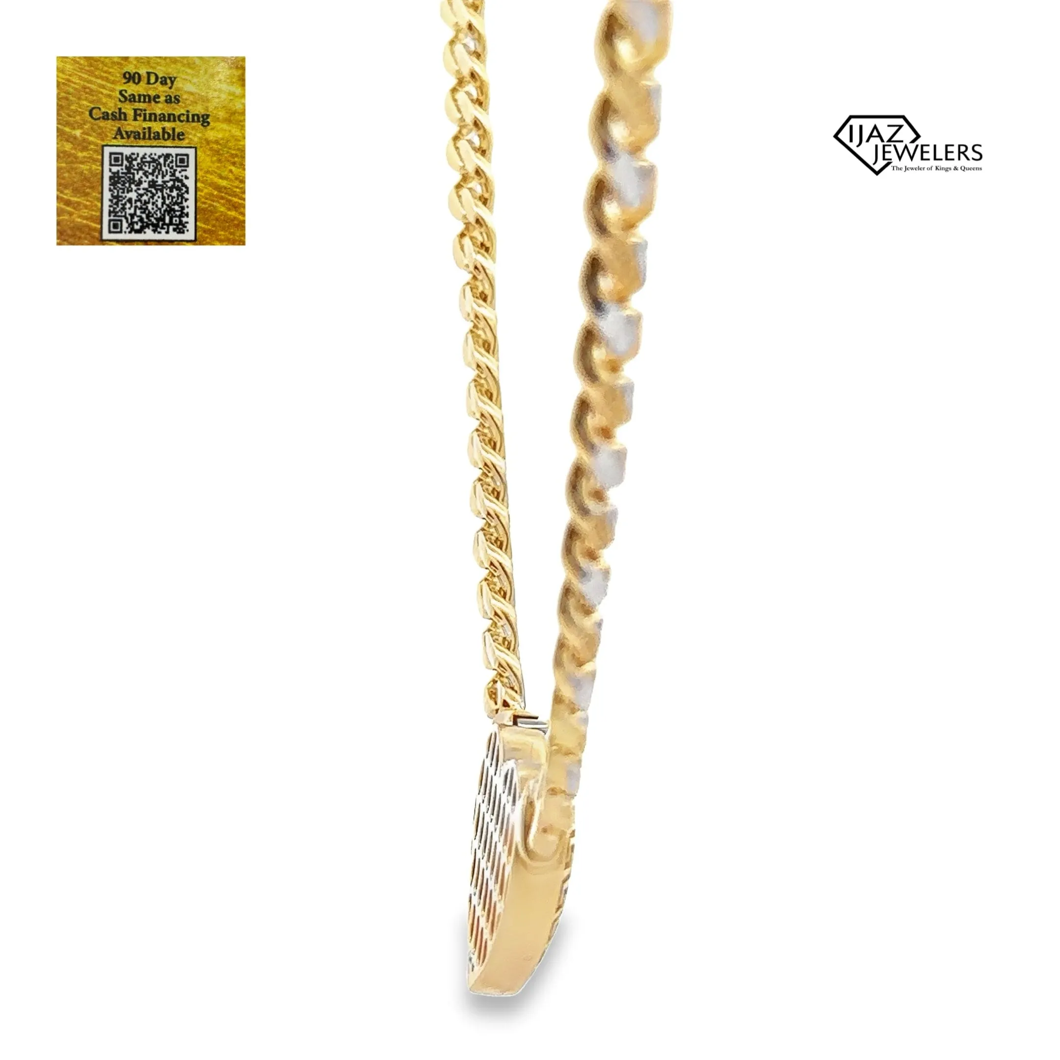 10K Gold Two Tone Diamond Cut Greek Tribal Heart Lock Cuban Link Chain