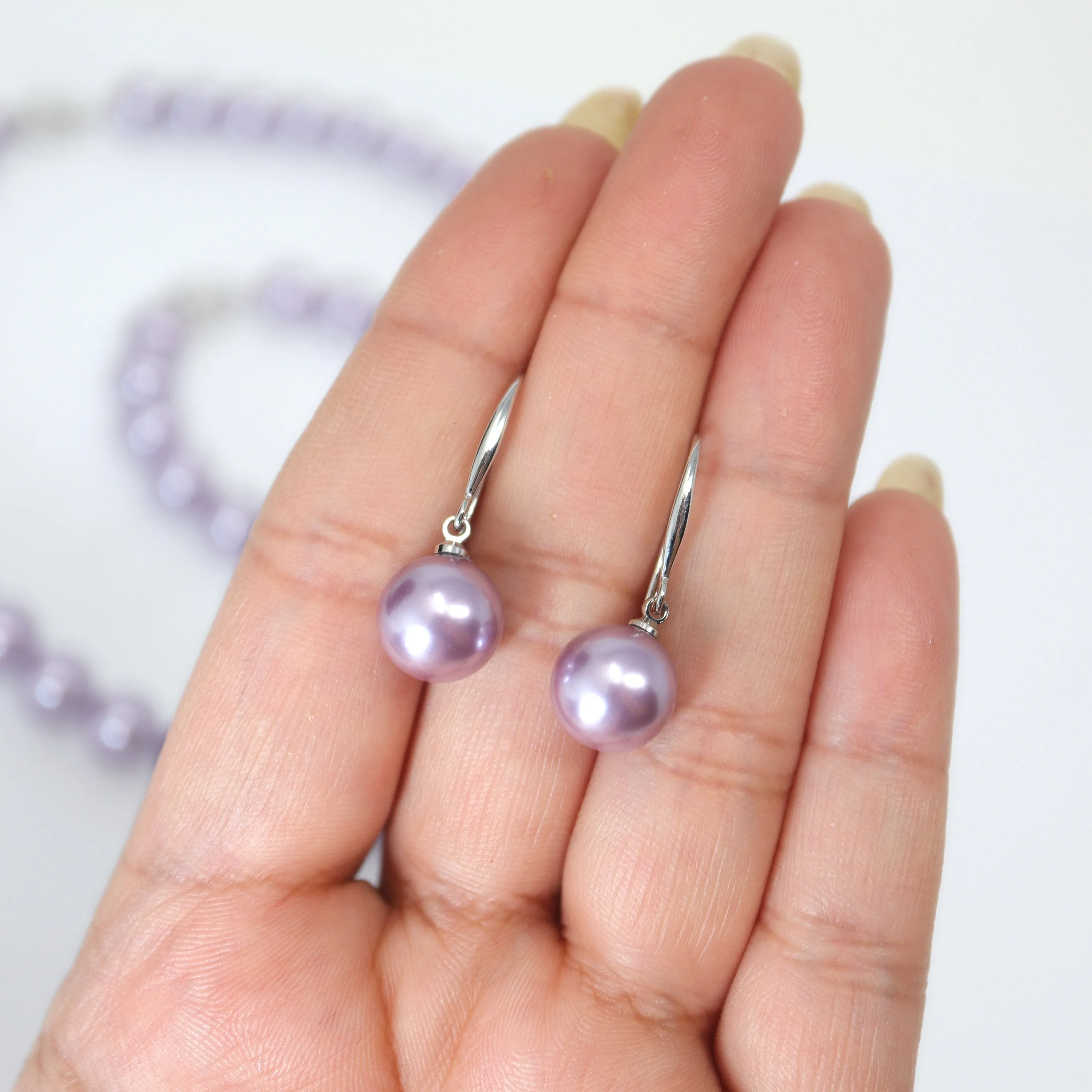 10mm Purple Faux Pearl Necklace Earring And Bracelet Set, Bridal Jewelry, Bridal Earrings And Necklace, Statement Earrings Cz Necklace Set.