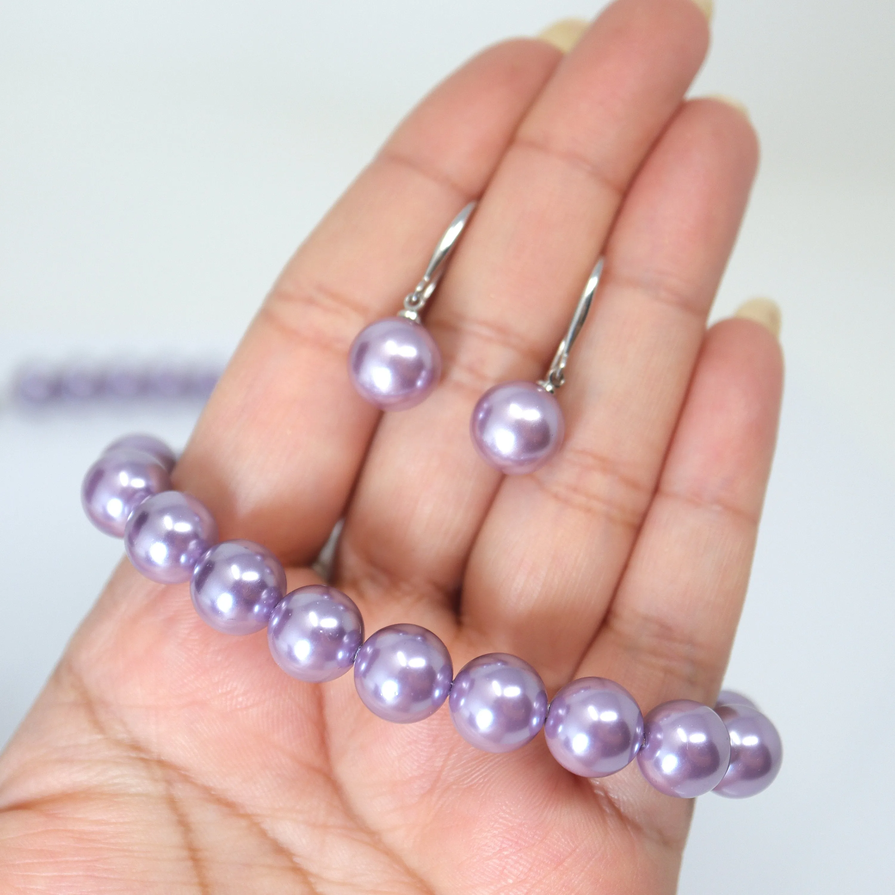 10mm Purple Faux Pearl Necklace Earring And Bracelet Set, Bridal Jewelry, Bridal Earrings And Necklace, Statement Earrings Cz Necklace Set.