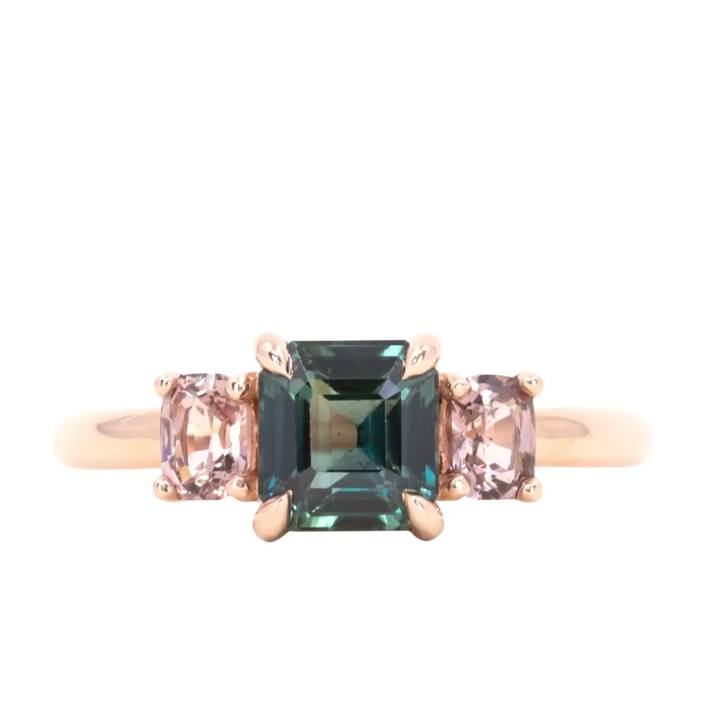 1.31ct Emerald cut sapphire and 0.47ct Pink Spinel Three Stone Ring in 14k Rose Gold