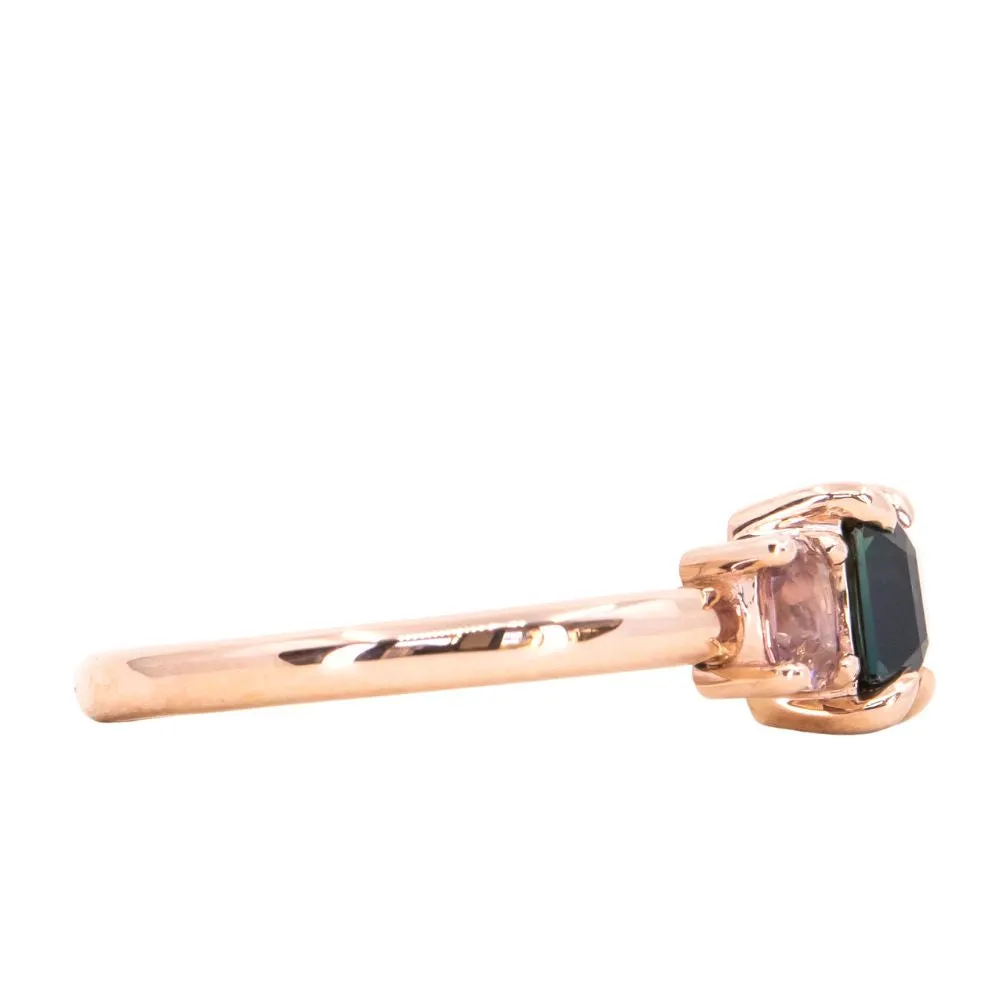 1.31ct Emerald cut sapphire and 0.47ct Pink Spinel Three Stone Ring in 14k Rose Gold