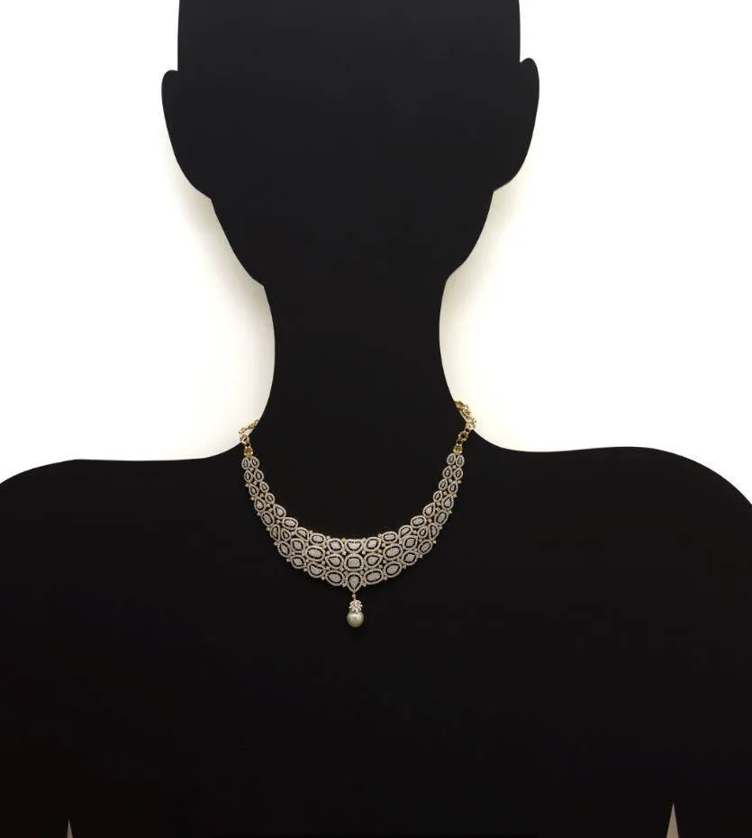 18K Yellow Gold Diamond Necklace Set W/ 16.37ct VVS Diamonds, Drop Pearl & Heavy Paisley Design