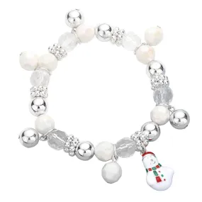 3D Enamel Metal Snowman Charm Beaded Stretch Bracelet