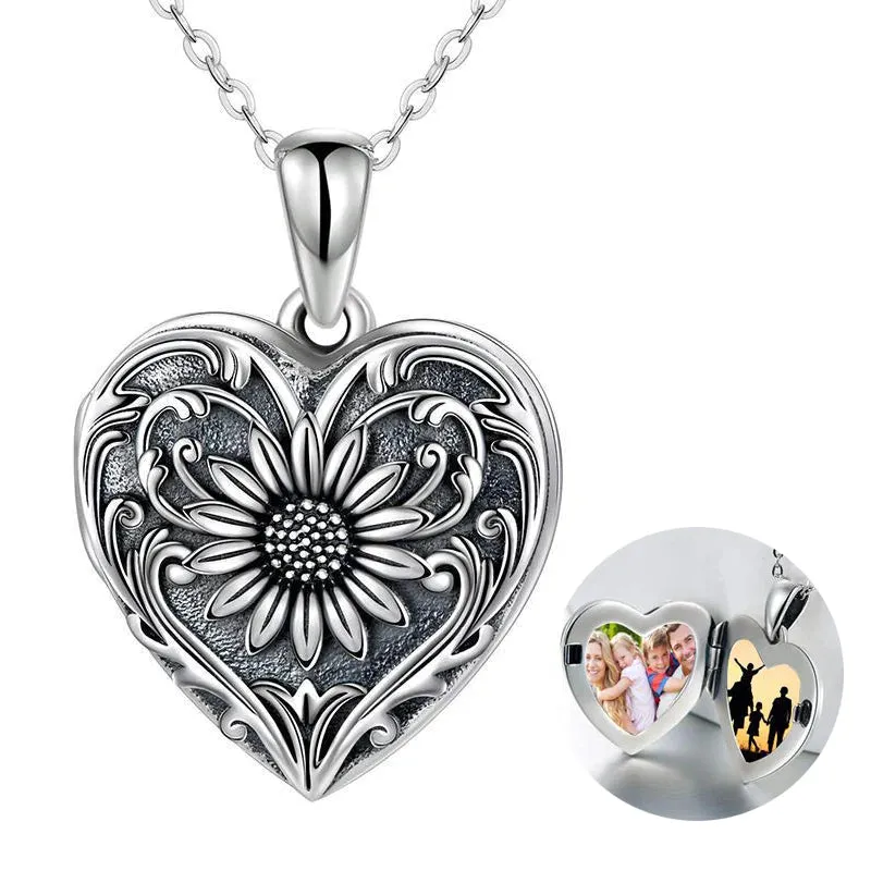 925 Sterling Silver Sunflower Locket Necklace Photo Picture Locket Necklace Heart-shaped Locket Necklace for Women