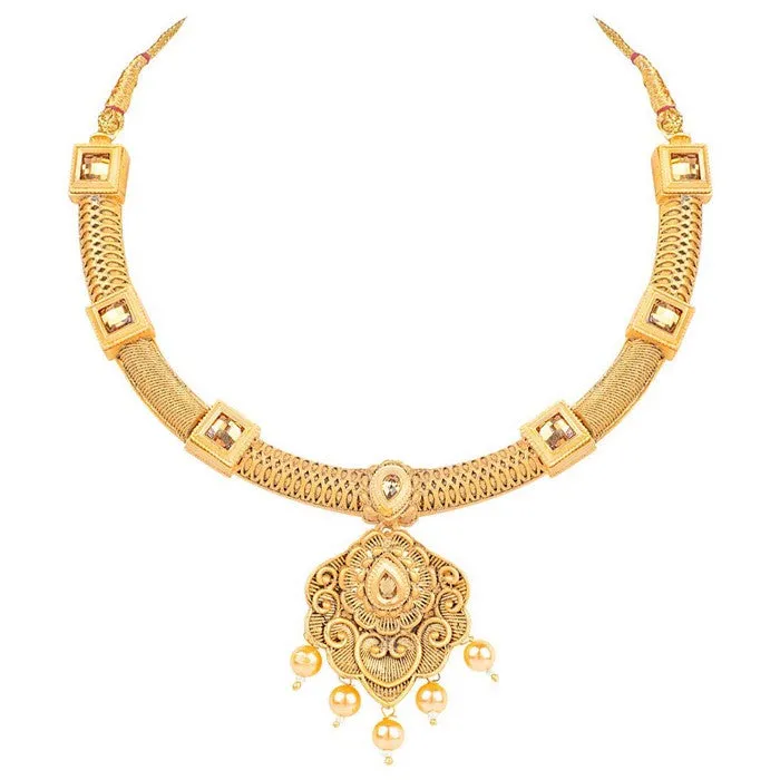 Alloy Choker Necklace Set with Earrings and Maang Tikka in Gold