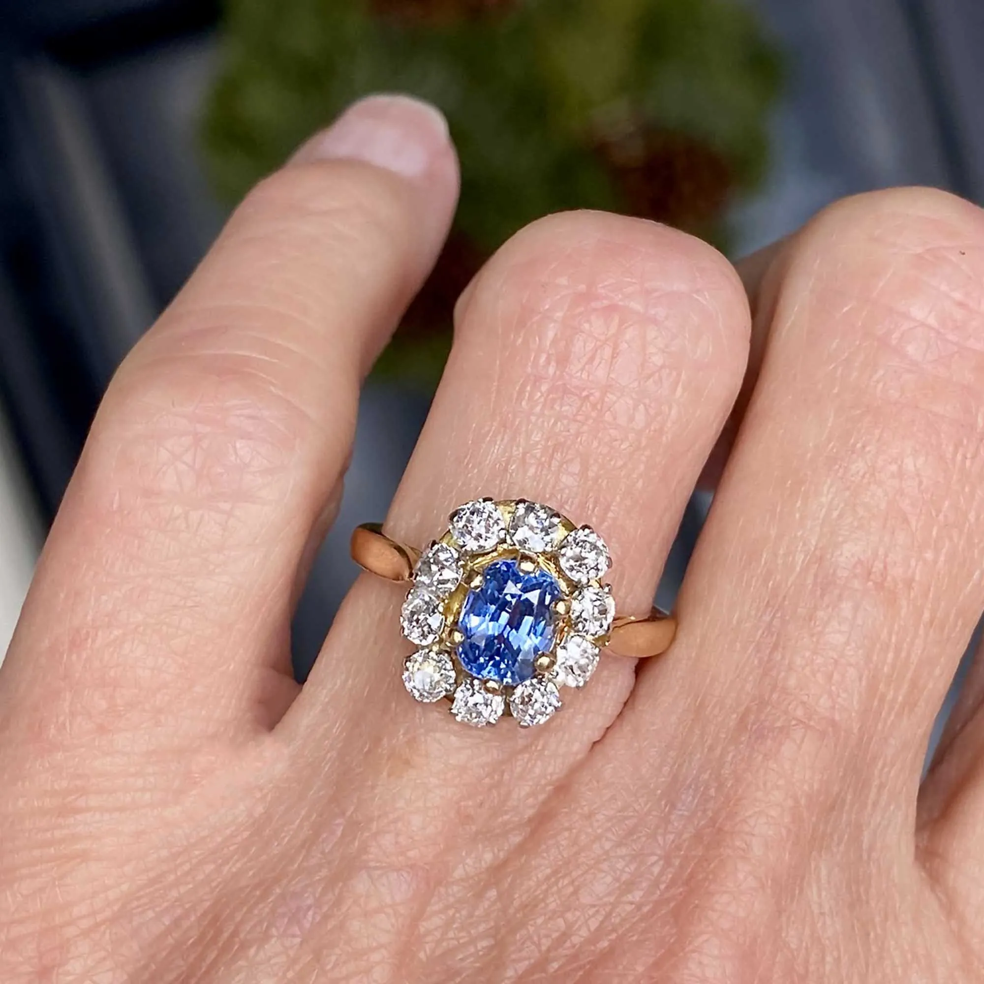 Antique Diamond Halo Ceylon Sapphire Ring in 18K Gold