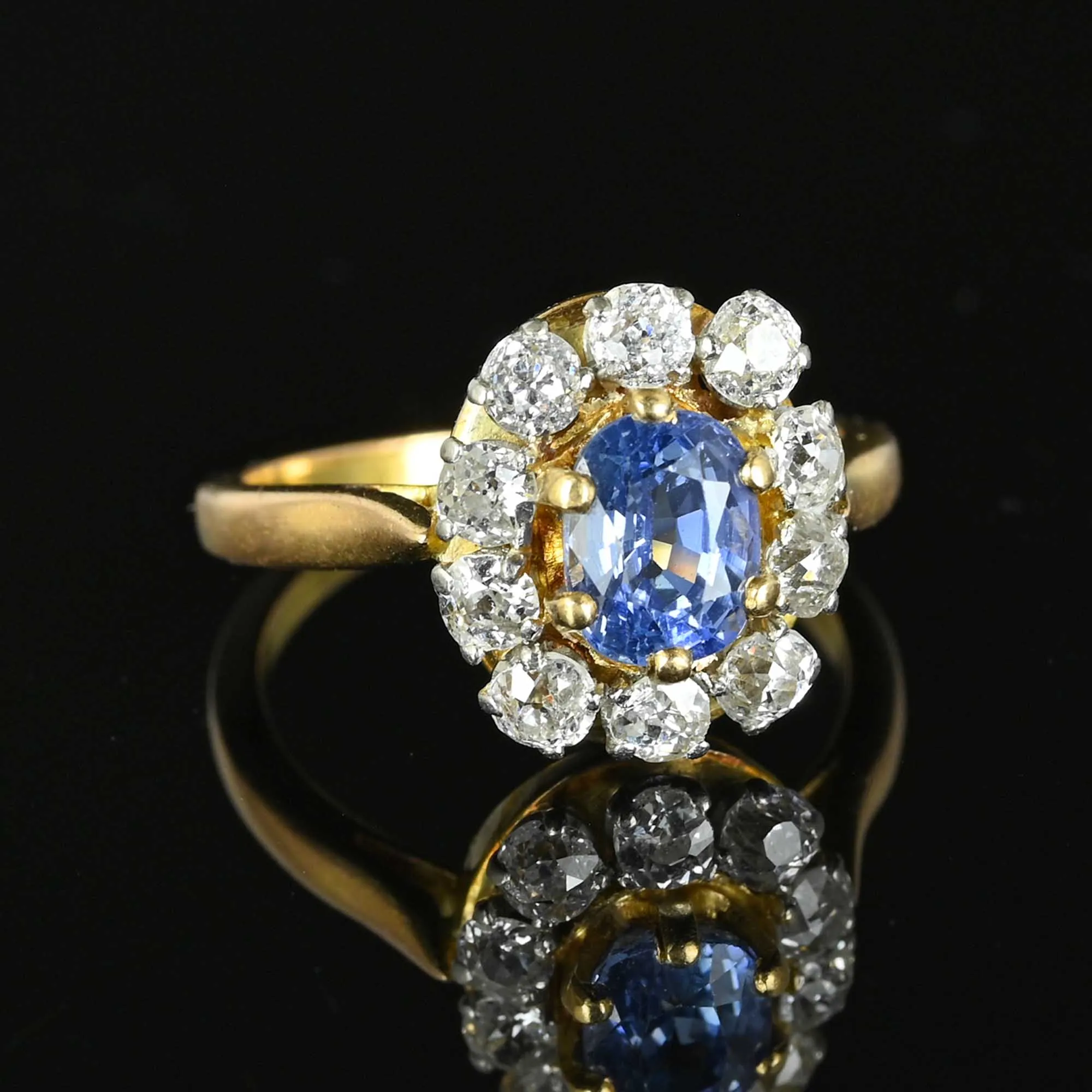 Antique Diamond Halo Ceylon Sapphire Ring in 18K Gold