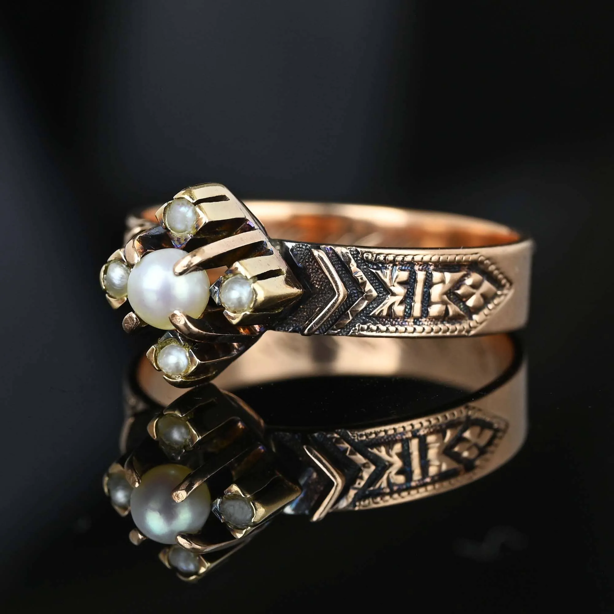 Antique Engraved 14K Rose Gold Band Pearl Ring