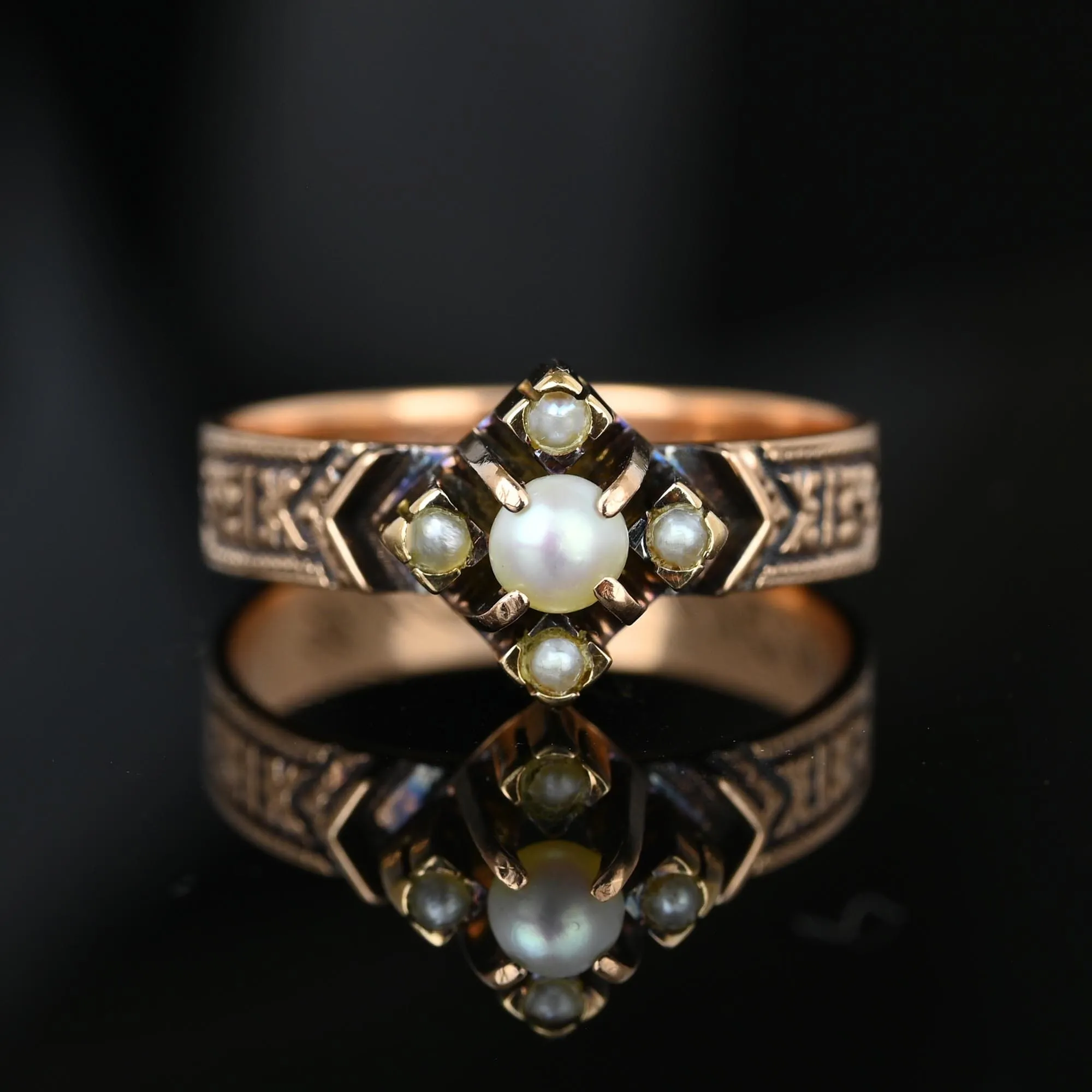 Antique Engraved 14K Rose Gold Band Pearl Ring