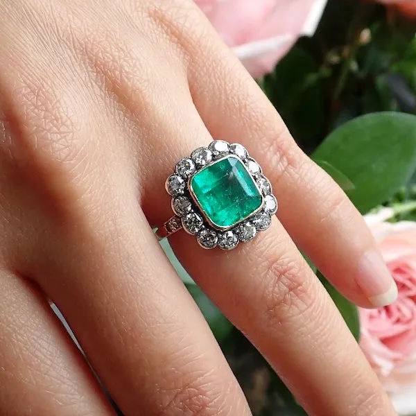 Antique Square Emerald & Diamond Ring