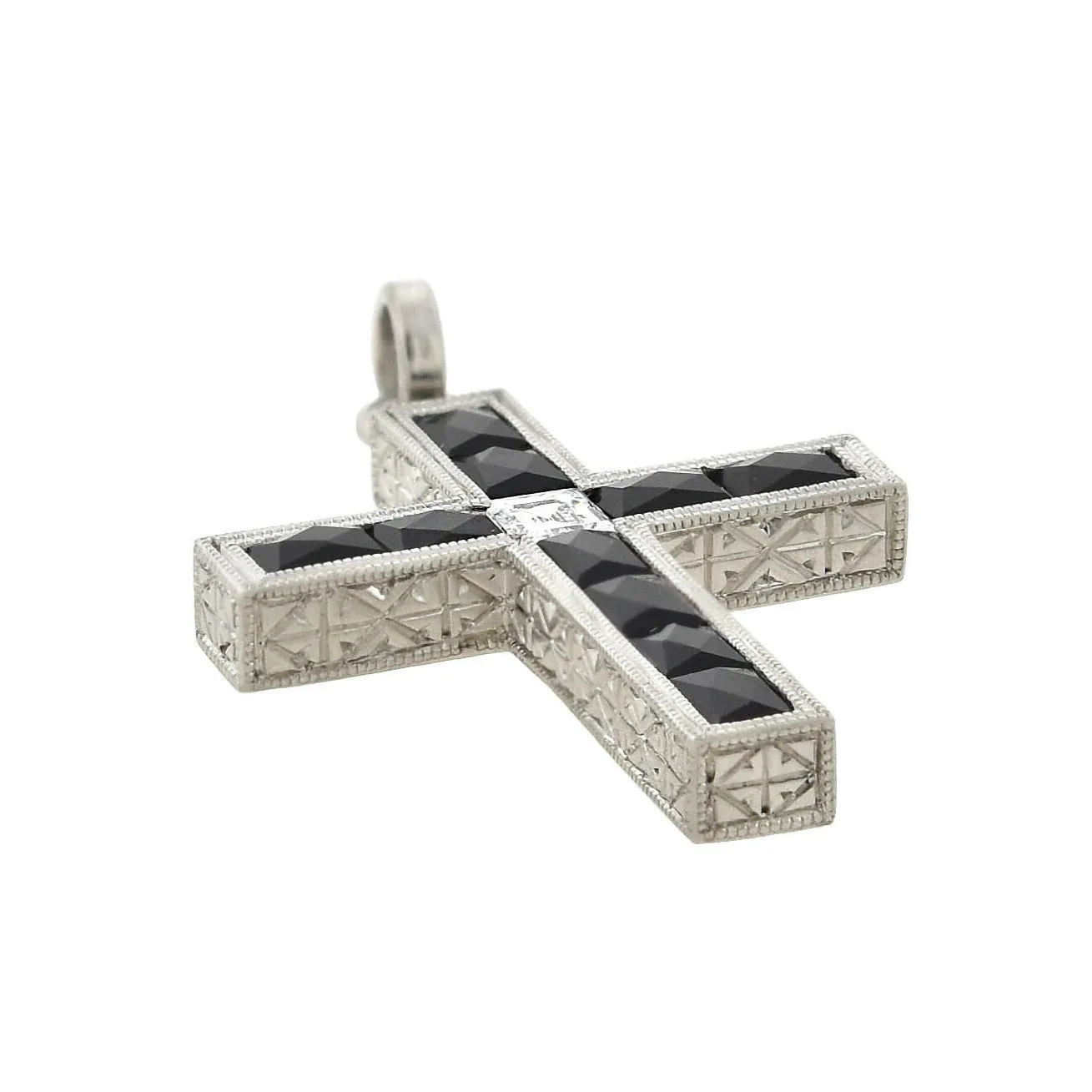 Art Deco Platinum French Cut Onyx   Diamond Cross Pendant