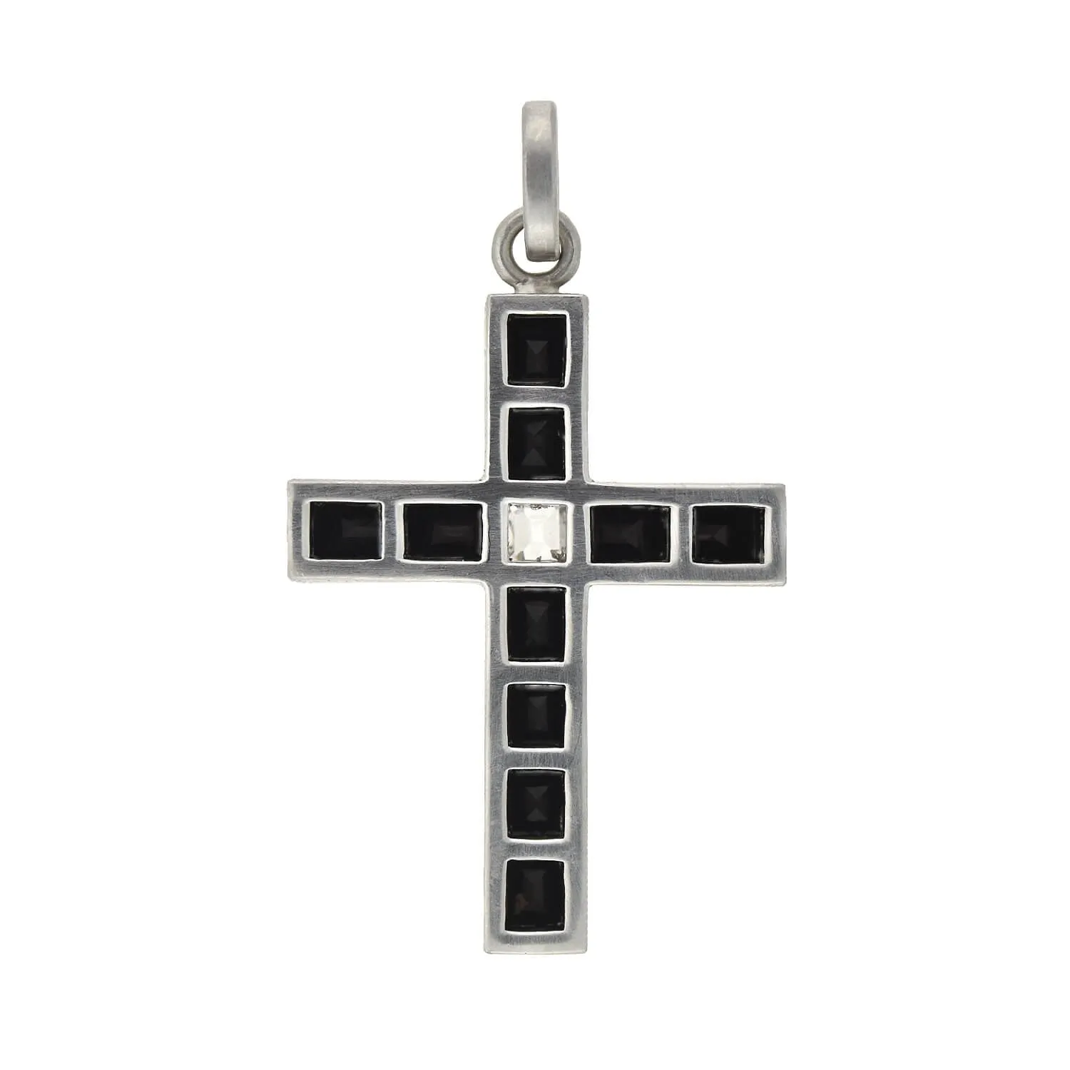 Art Deco Platinum French Cut Onyx   Diamond Cross Pendant