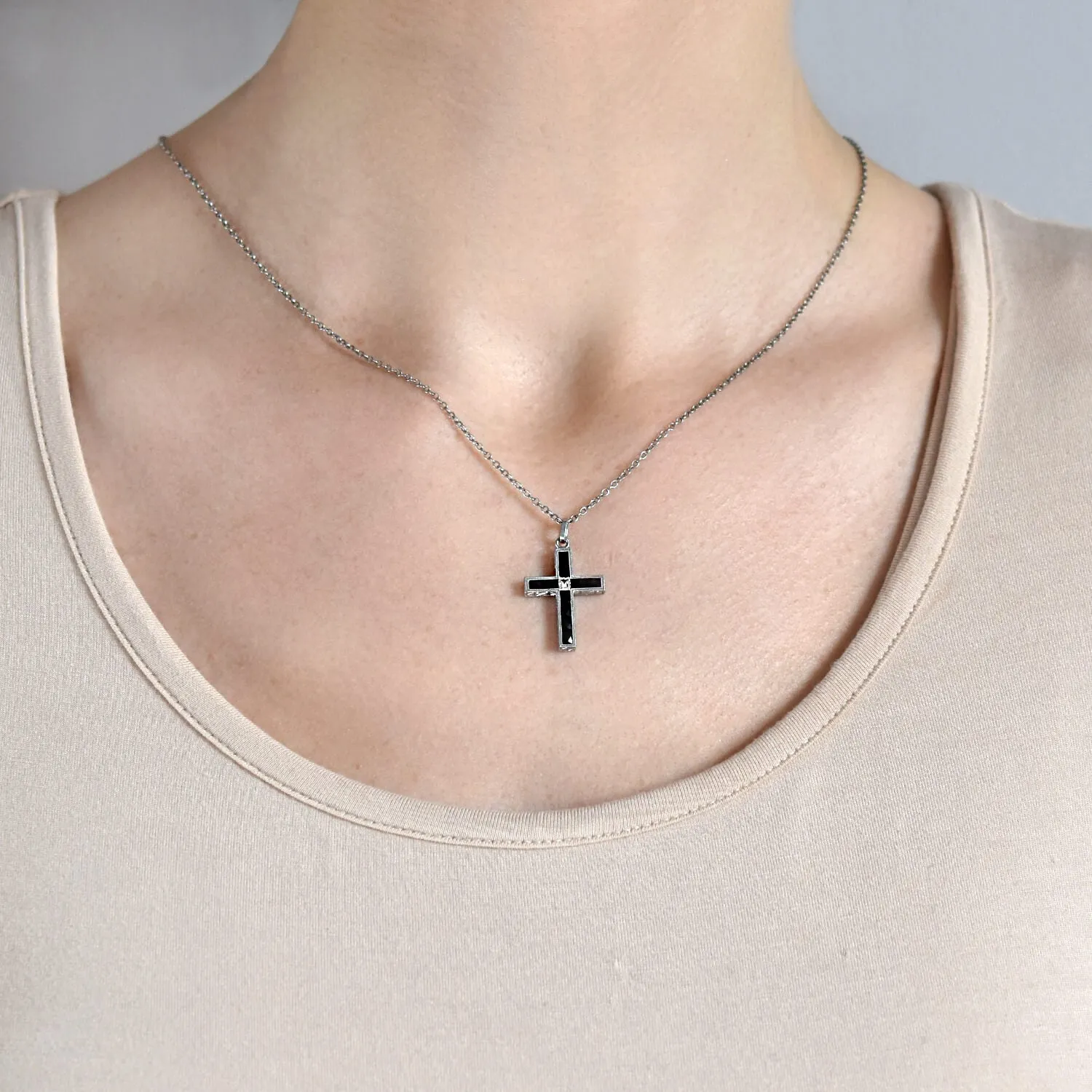 Art Deco Platinum French Cut Onyx   Diamond Cross Pendant