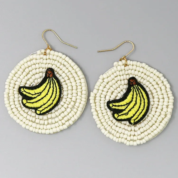 Banana Embroidery Seed Beaded Disc Drop Earrings