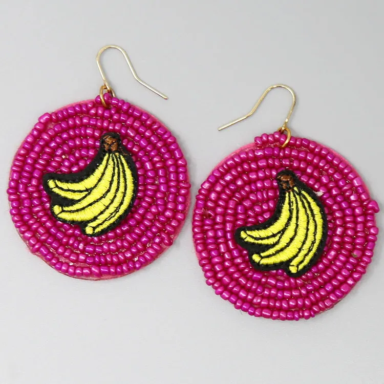 Banana Embroidery Seed Beaded Disc Drop Earrings