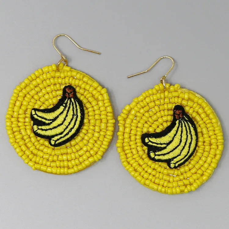 Banana Embroidery Seed Beaded Disc Drop Earrings