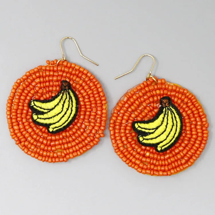 Banana Embroidery Seed Beaded Disc Drop Earrings