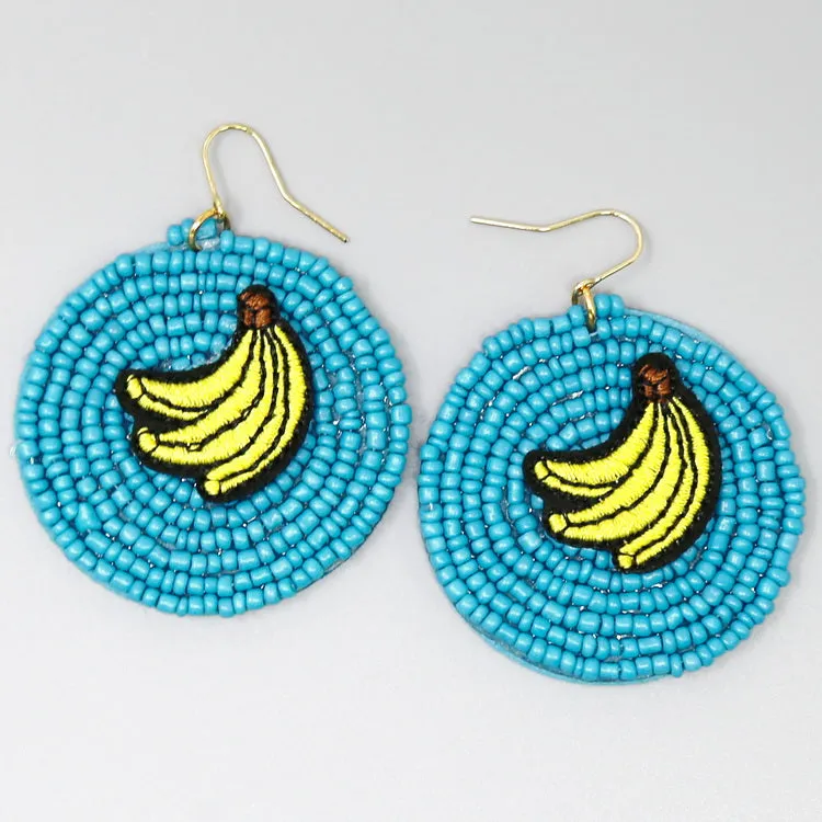 Banana Embroidery Seed Beaded Disc Drop Earrings