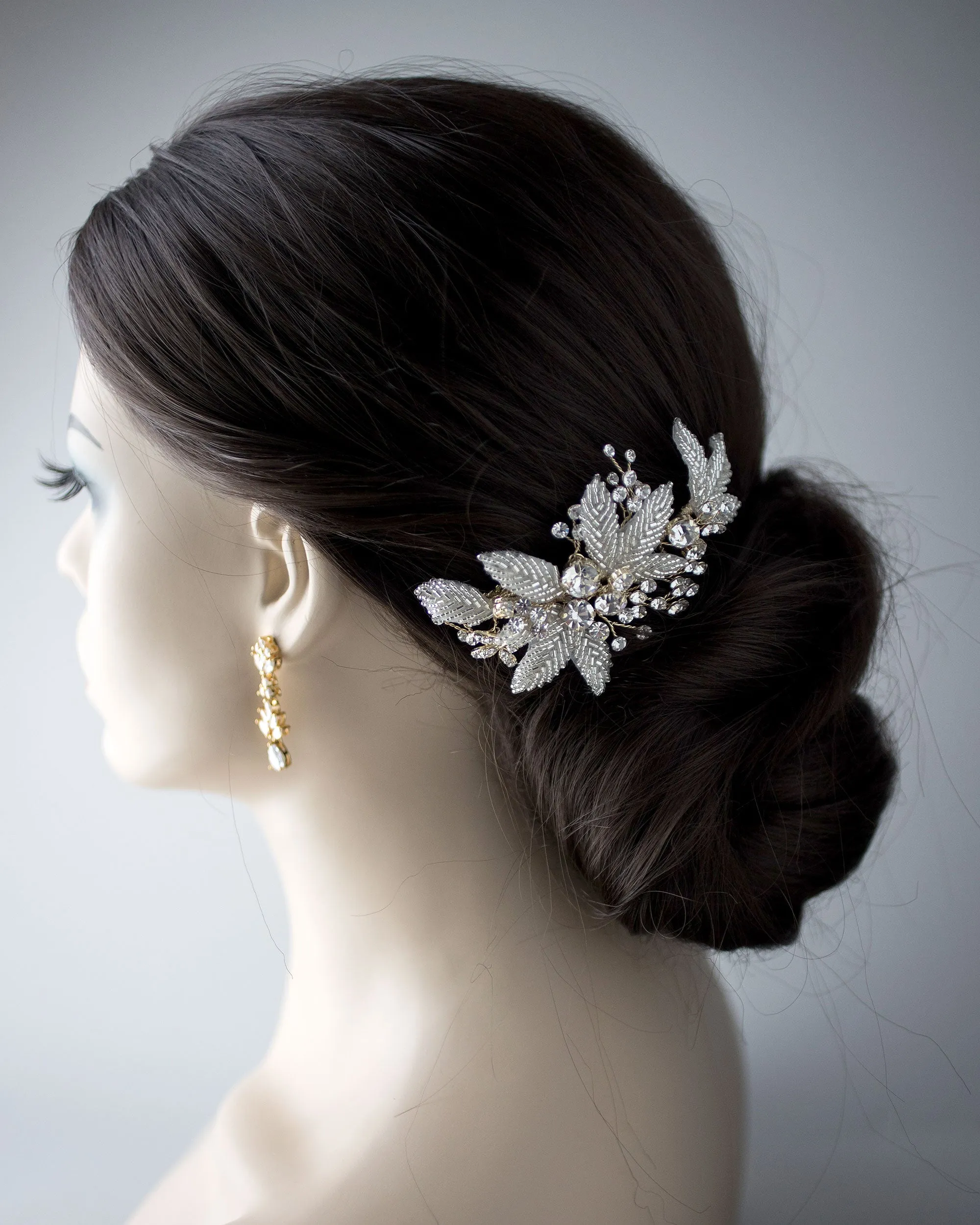 Beaded Leaves and Rhinestones Bridal Hair Comb