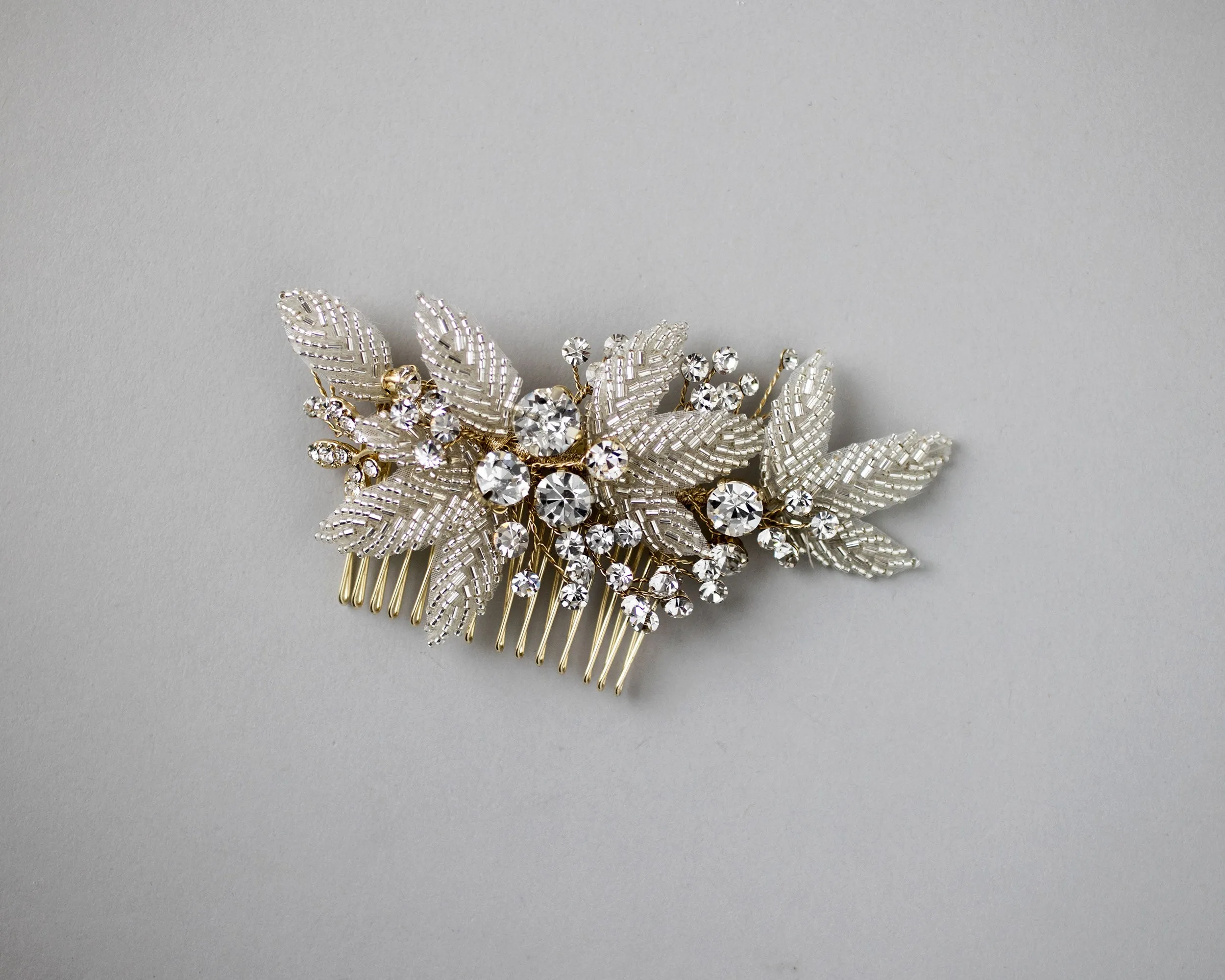 Beaded Leaves and Rhinestones Bridal Hair Comb