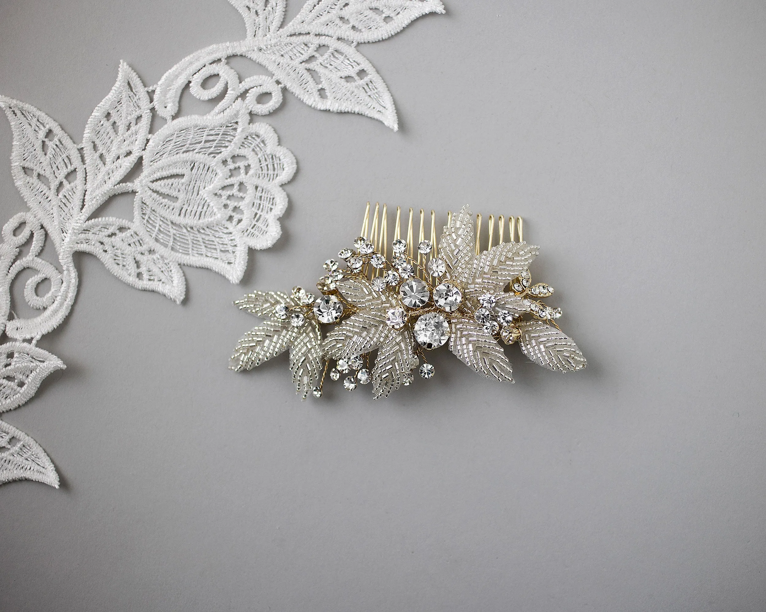 Beaded Leaves and Rhinestones Bridal Hair Comb