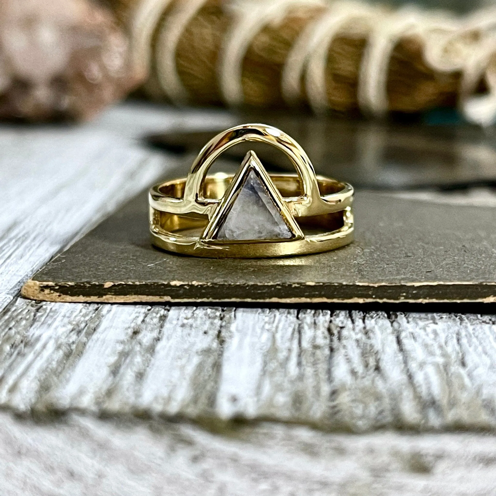 Beautiful Rainbow Moonstone Statement Ring Set in Brass  Size 8 9 10 / Curated by FOXLARK Collection