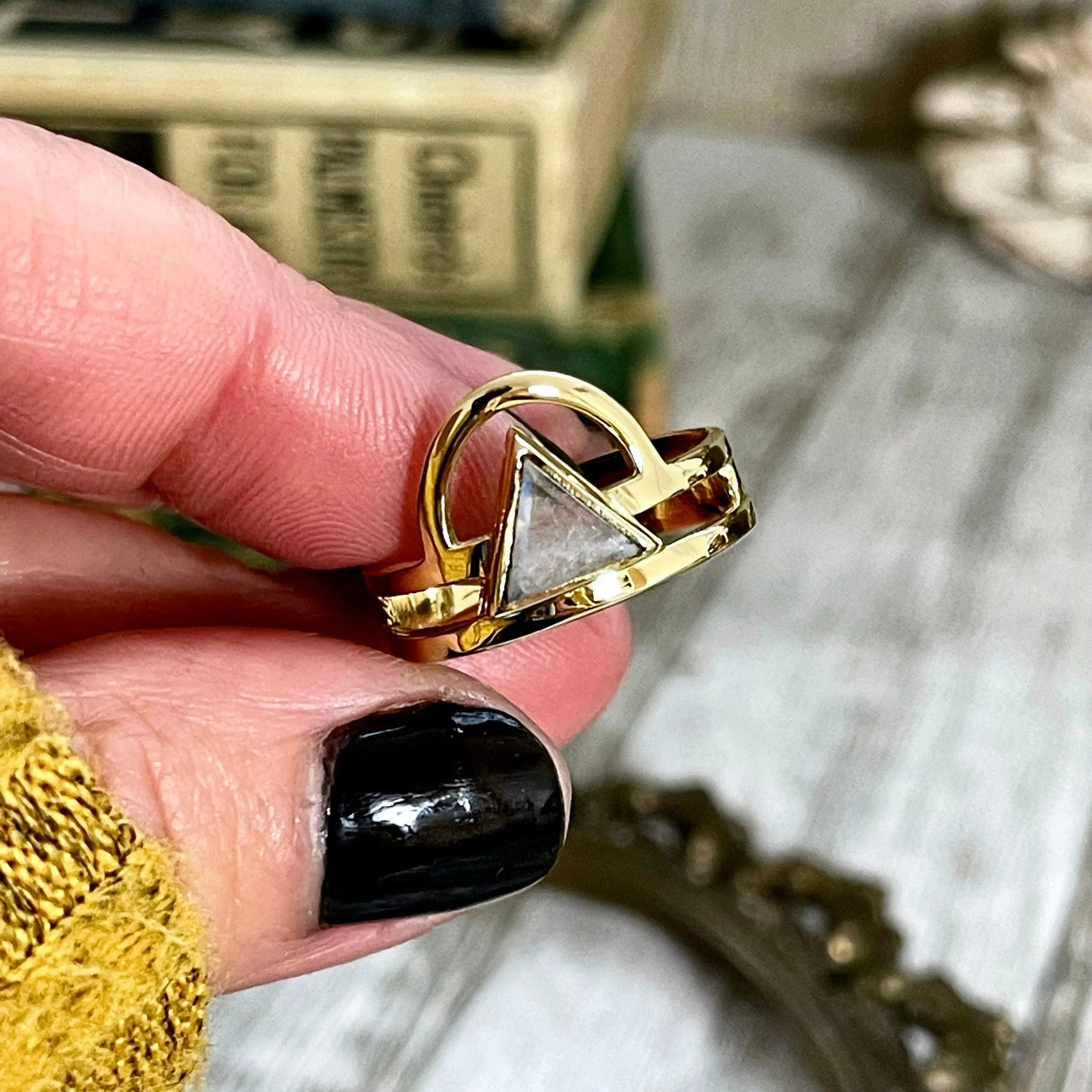 Beautiful Rainbow Moonstone Statement Ring Set in Brass  Size 8 9 10 / Curated by FOXLARK Collection