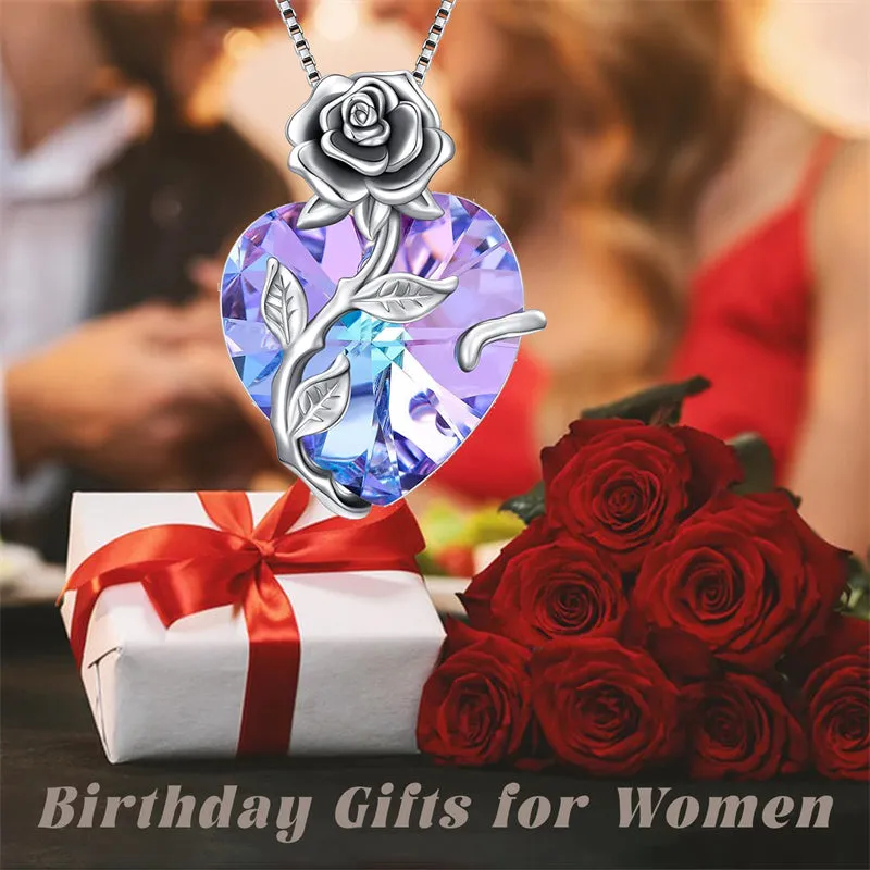 Birthstone Necklace  925 Sterling Silver Rose Flower Heart Pendant Necklace Jewelry Gifts for Women Mom Wife Girls Her Mothers Day Gifts