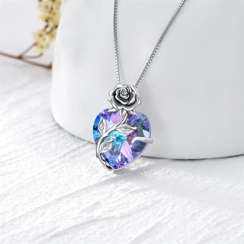 Birthstone Necklace  925 Sterling Silver Rose Flower Heart Pendant Necklace Jewelry Gifts for Women Mom Wife Girls Her Mothers Day Gifts