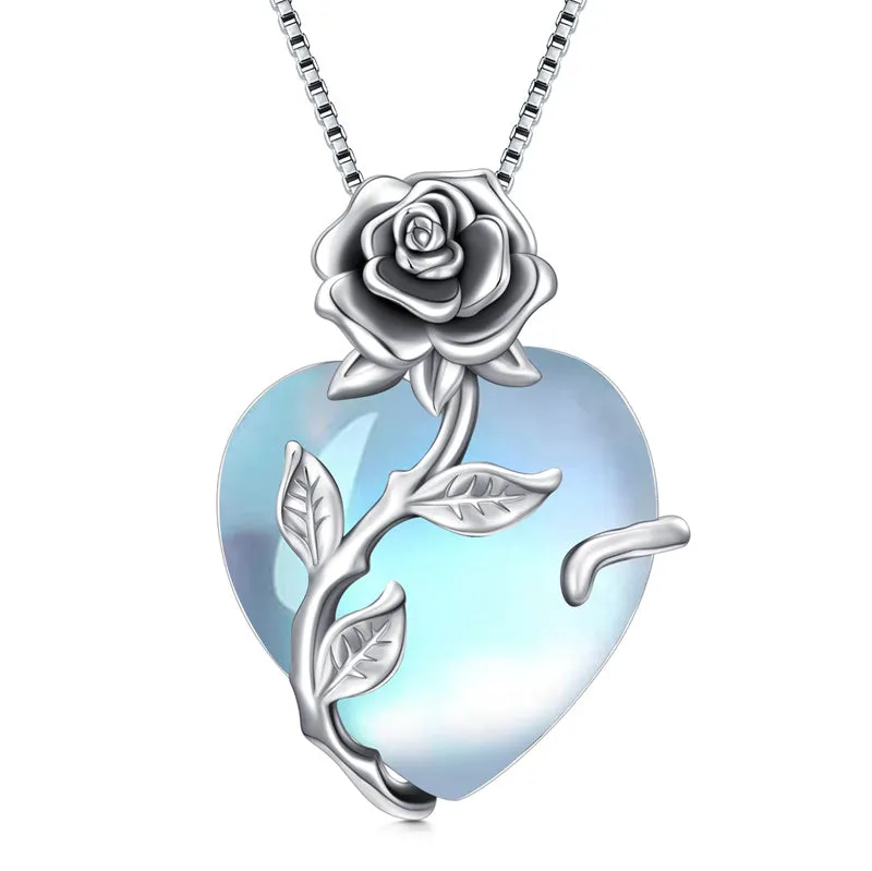 Birthstone Necklace  925 Sterling Silver Rose Flower Heart Pendant Necklace Jewelry Gifts for Women Mom Wife Girls Her Mothers Day Gifts