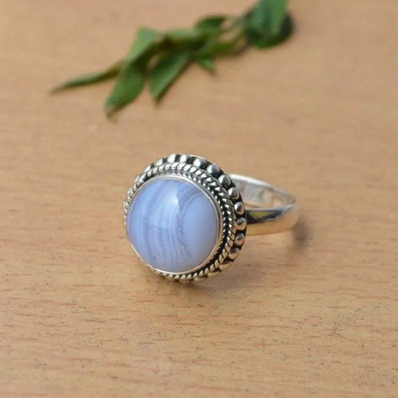 Boho Blue Lace Agate 925 Sterling Silver Statement Ring,  Handcrafted Jewelry, Gift for her