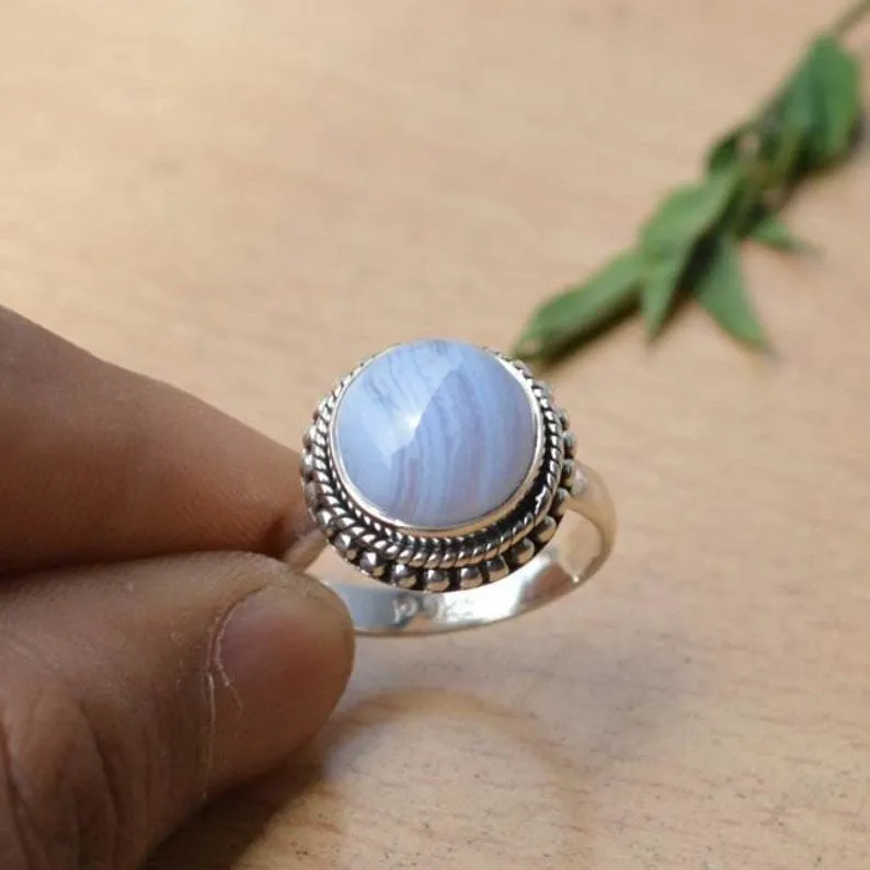 Boho Blue Lace Agate 925 Sterling Silver Statement Ring,  Handcrafted Jewelry, Gift for her