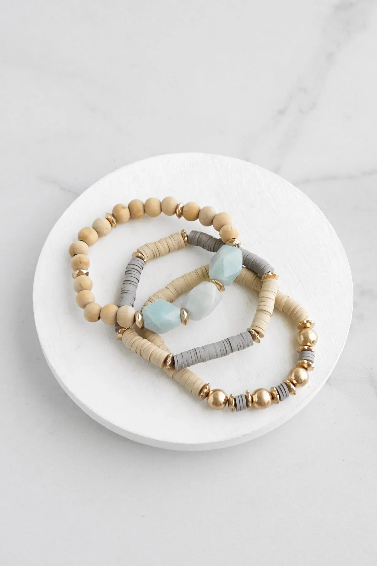 Bracelet Stack of 3 pieces Gold Neutral clay and wood beads and Green Amazonite chunky beads