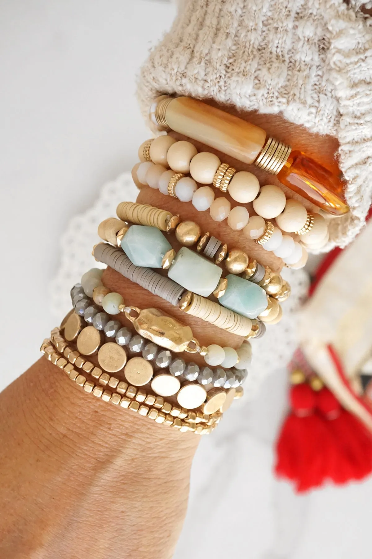 Bracelet Stack of 3 pieces Gold Neutral clay and wood beads and Green Amazonite chunky beads