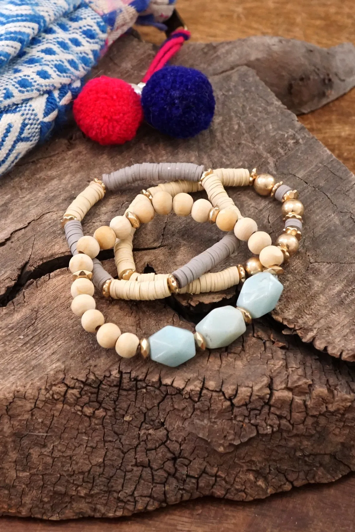 Bracelet Stack of 3 pieces Gold Neutral clay and wood beads and Green Amazonite chunky beads