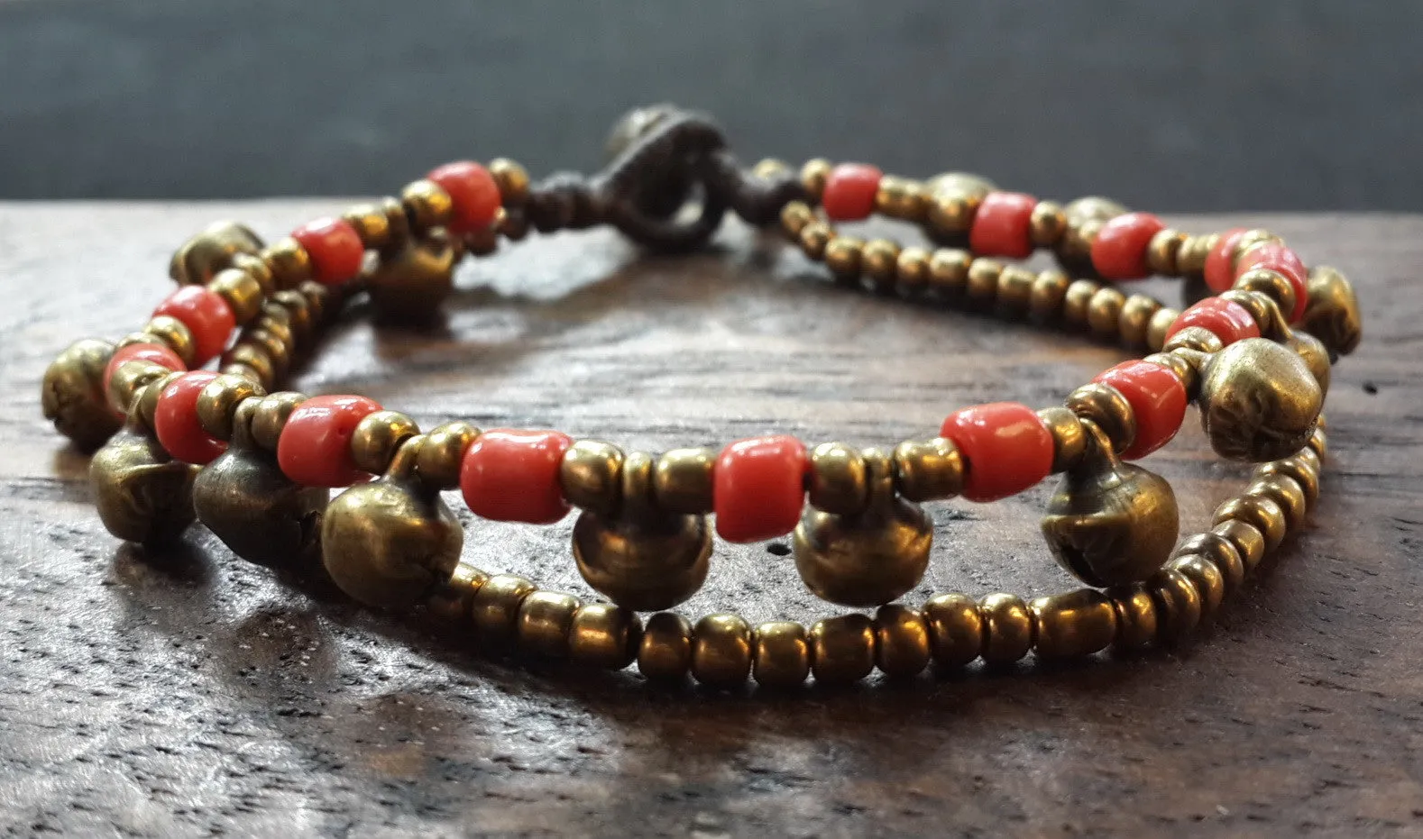 Brass Bell And Red Bead Double Strand Bracelets