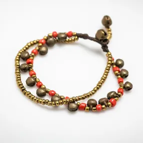 Brass Bell And Red Bead Double Strand Bracelets