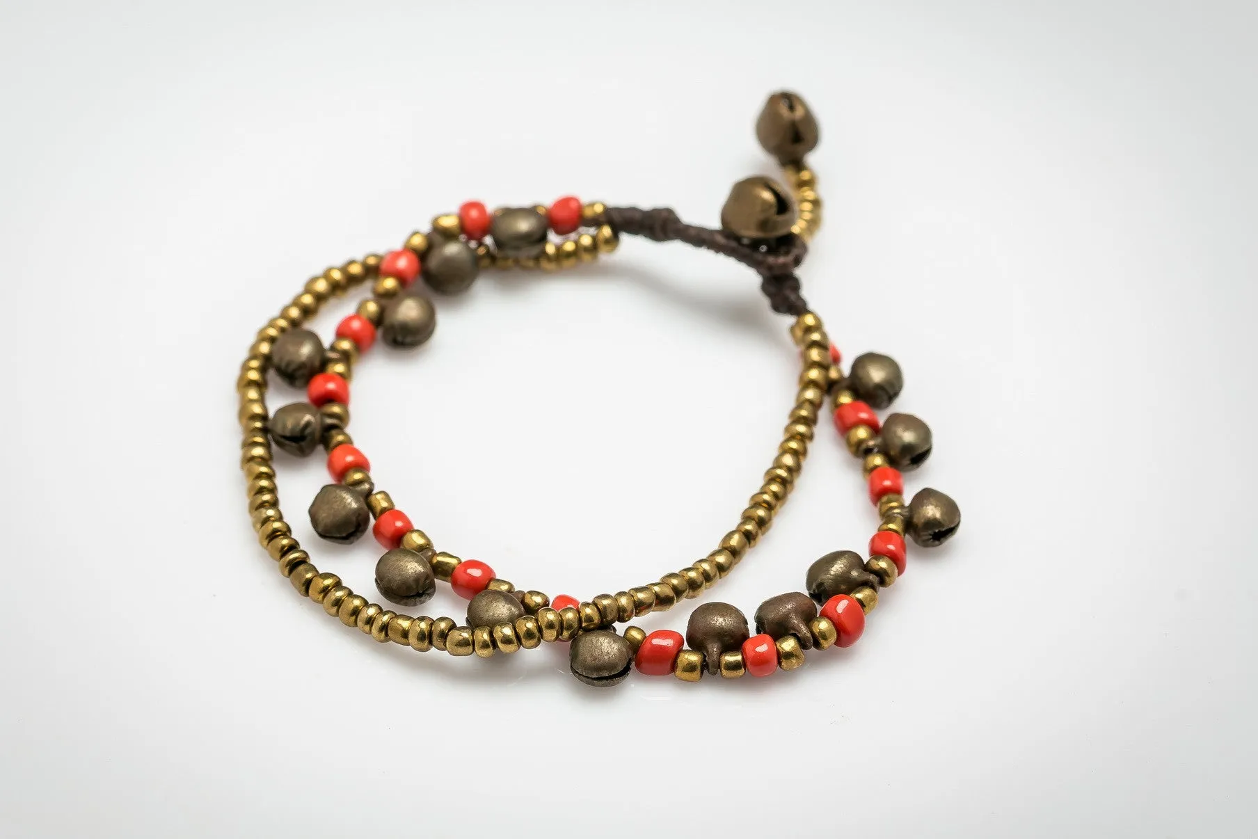 Brass Bell And Red Bead Double Strand Bracelets