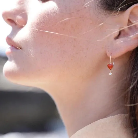 Carnelian Byrdie Heart Earrings with Diamond Drop