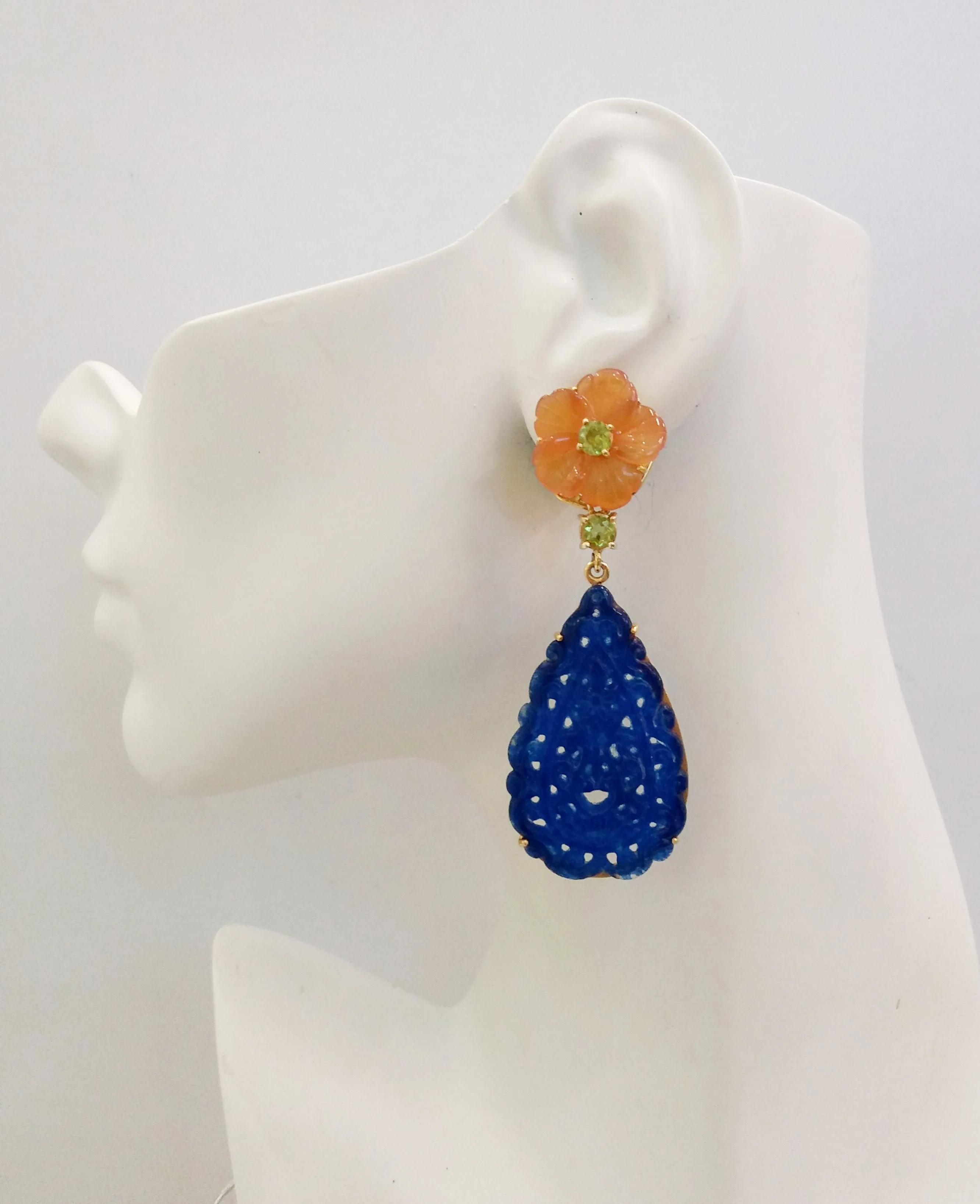 Carved flower Carnelian with Peridot studs with Peridot& carved Blue Jade Twinset Earrings