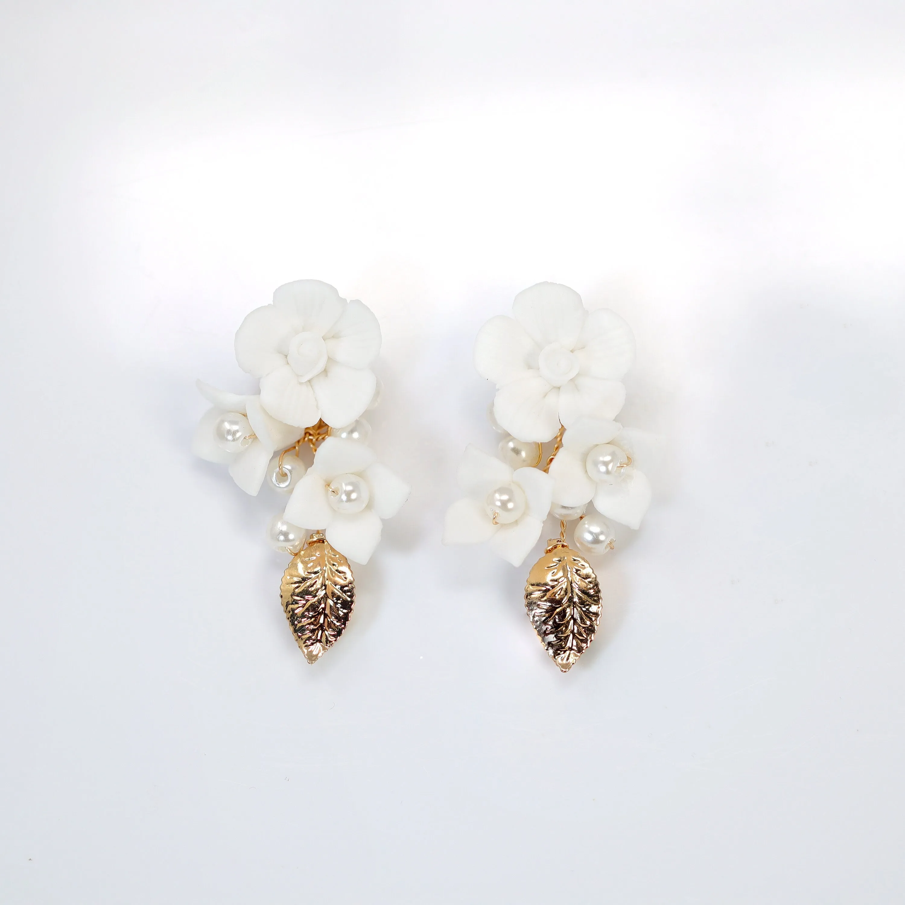 Ceramic Rosette White Flower Faux Pearl Vine Leaves Earrings, Long Bridal Jewelry Crystal Bridal Earrings Statement Earrings