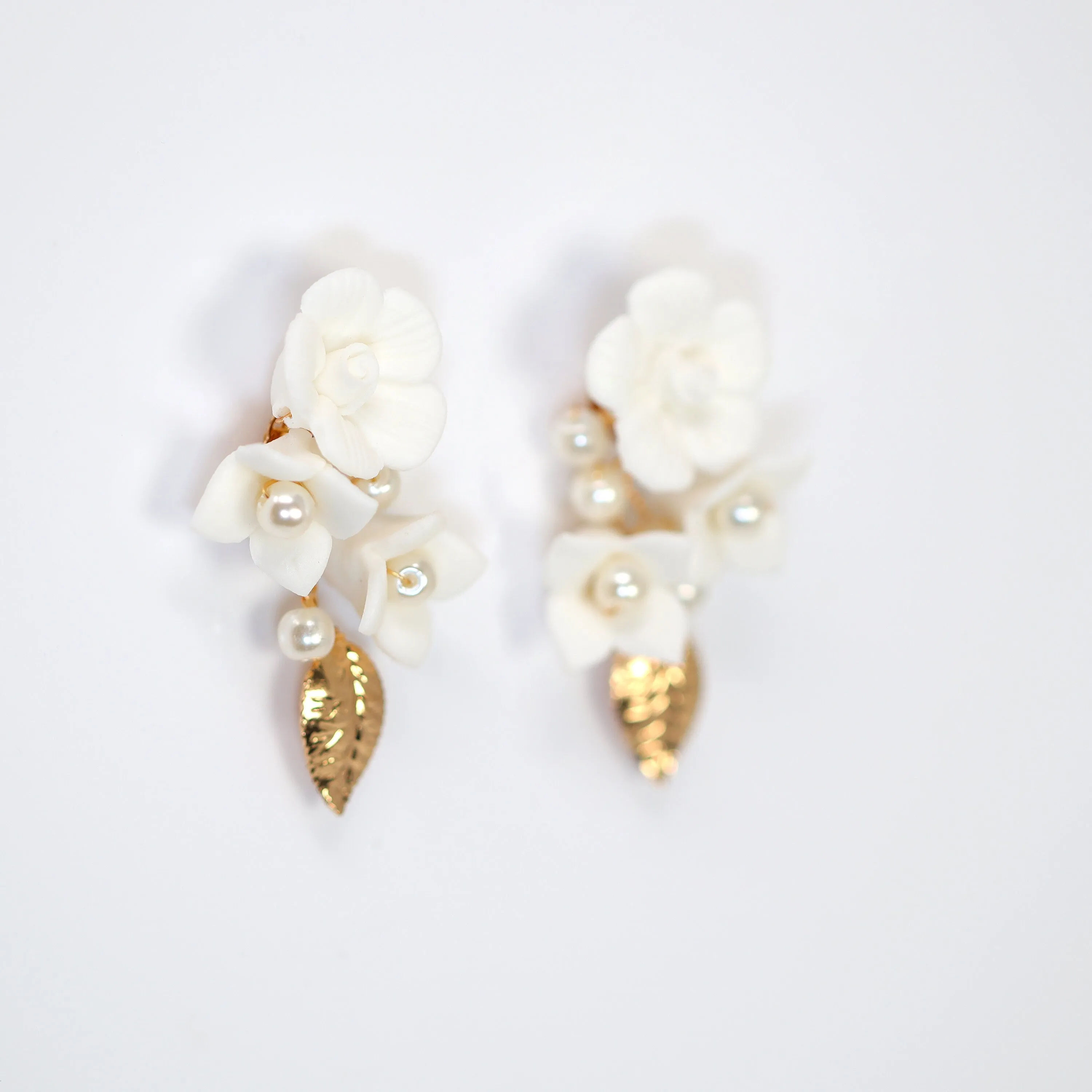 Ceramic Rosette White Flower Faux Pearl Vine Leaves Earrings, Long Bridal Jewelry Crystal Bridal Earrings Statement Earrings