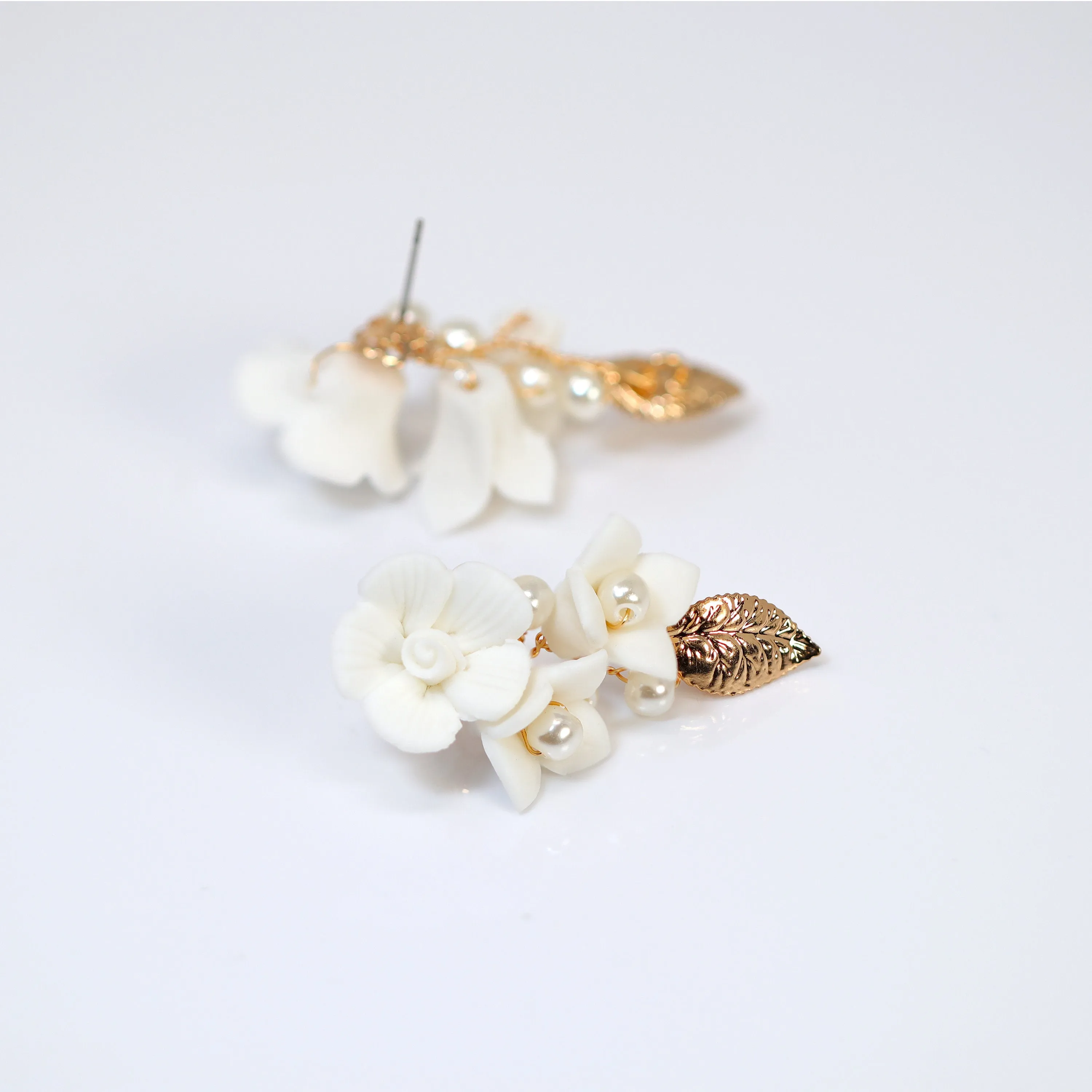 Ceramic Rosette White Flower Faux Pearl Vine Leaves Earrings, Long Bridal Jewelry Crystal Bridal Earrings Statement Earrings